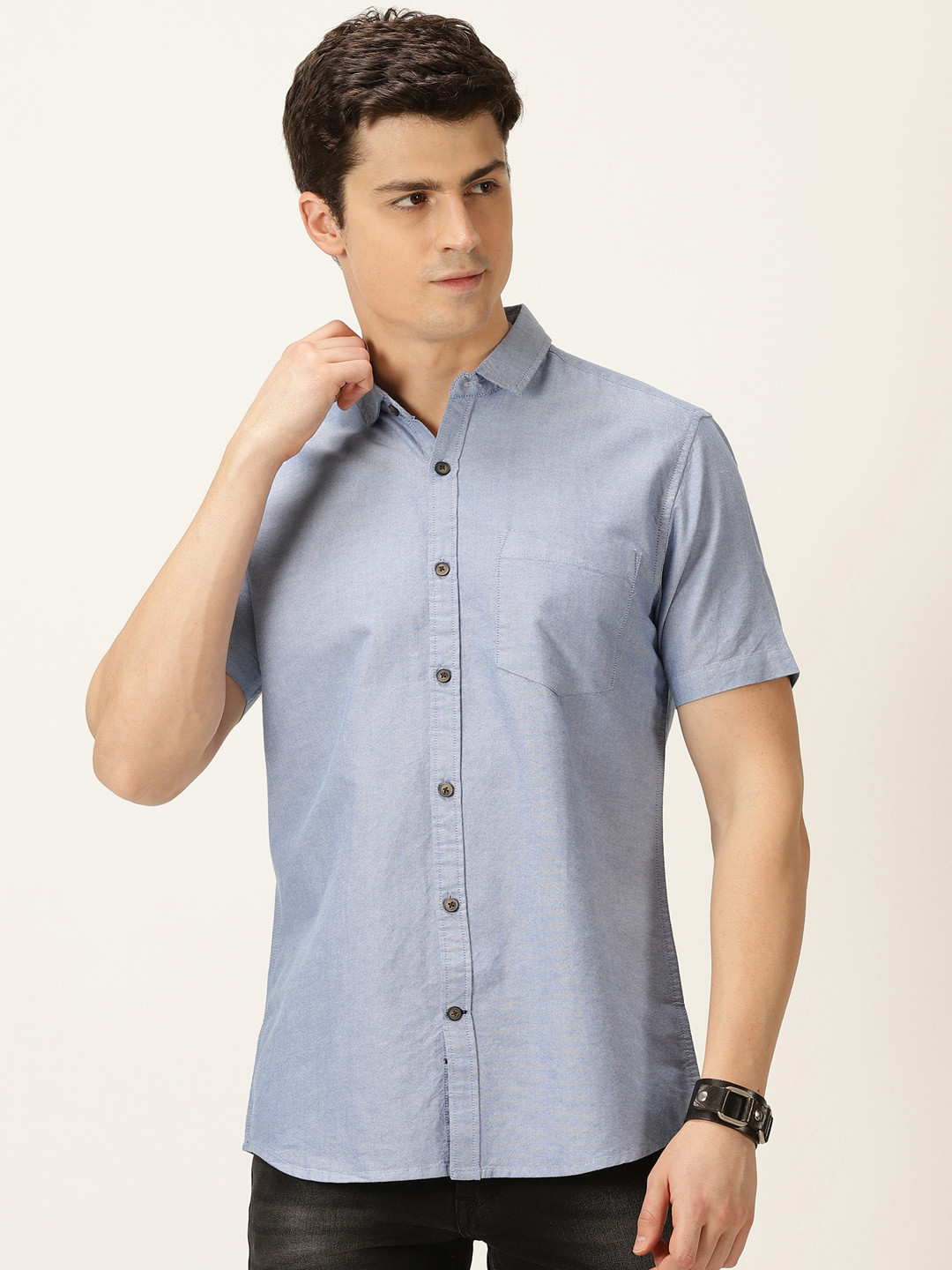 Mast & Harbour Blue Classic Slim Fit Spread Collar Cotton Casual Shirt