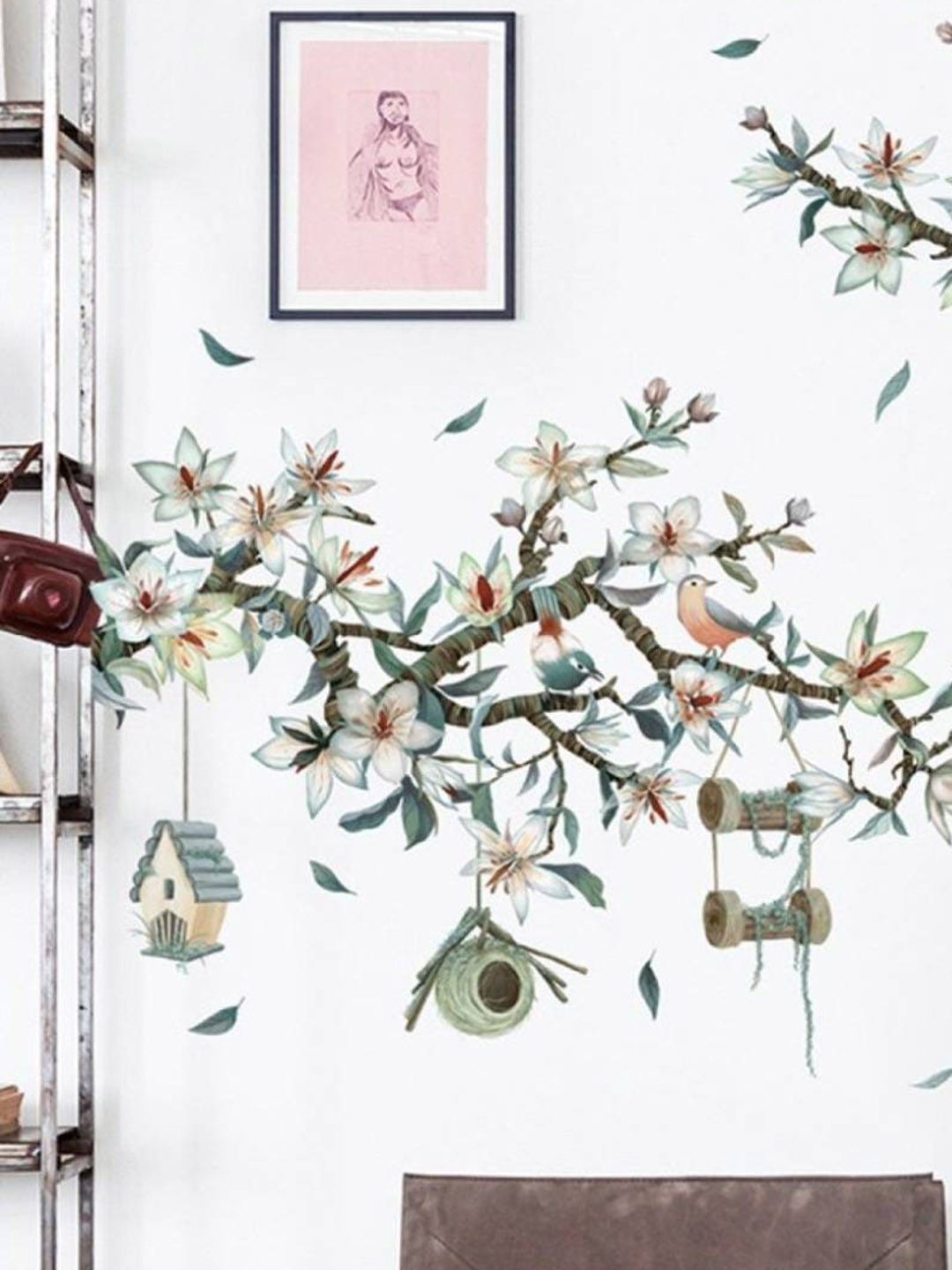 Jaamso Royals Green & White Flowers & Birds Printed Self Adhesive Wall Sticker