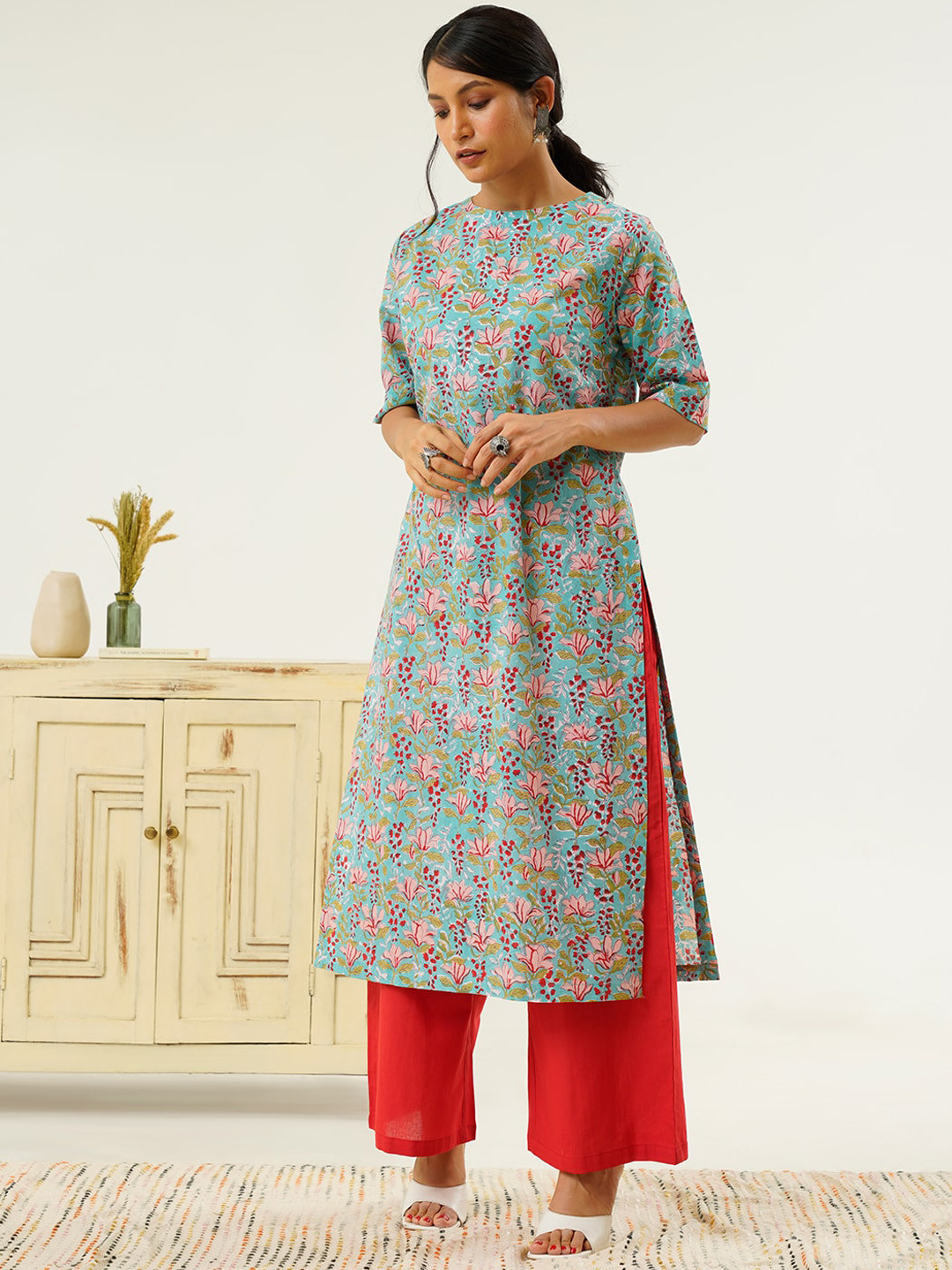 indy Raaga Floral Printed Pure Cotton Kurta With Palazzos