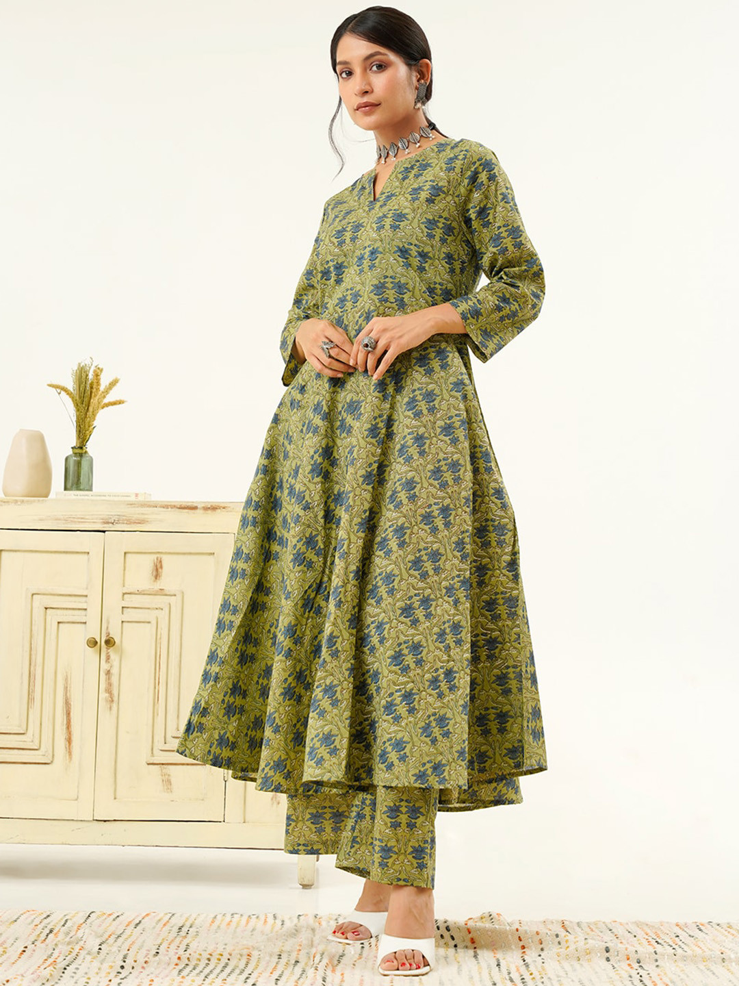 indy Raaga Floral Block Printed Empire Pure Cotton Kurta with Palazzos