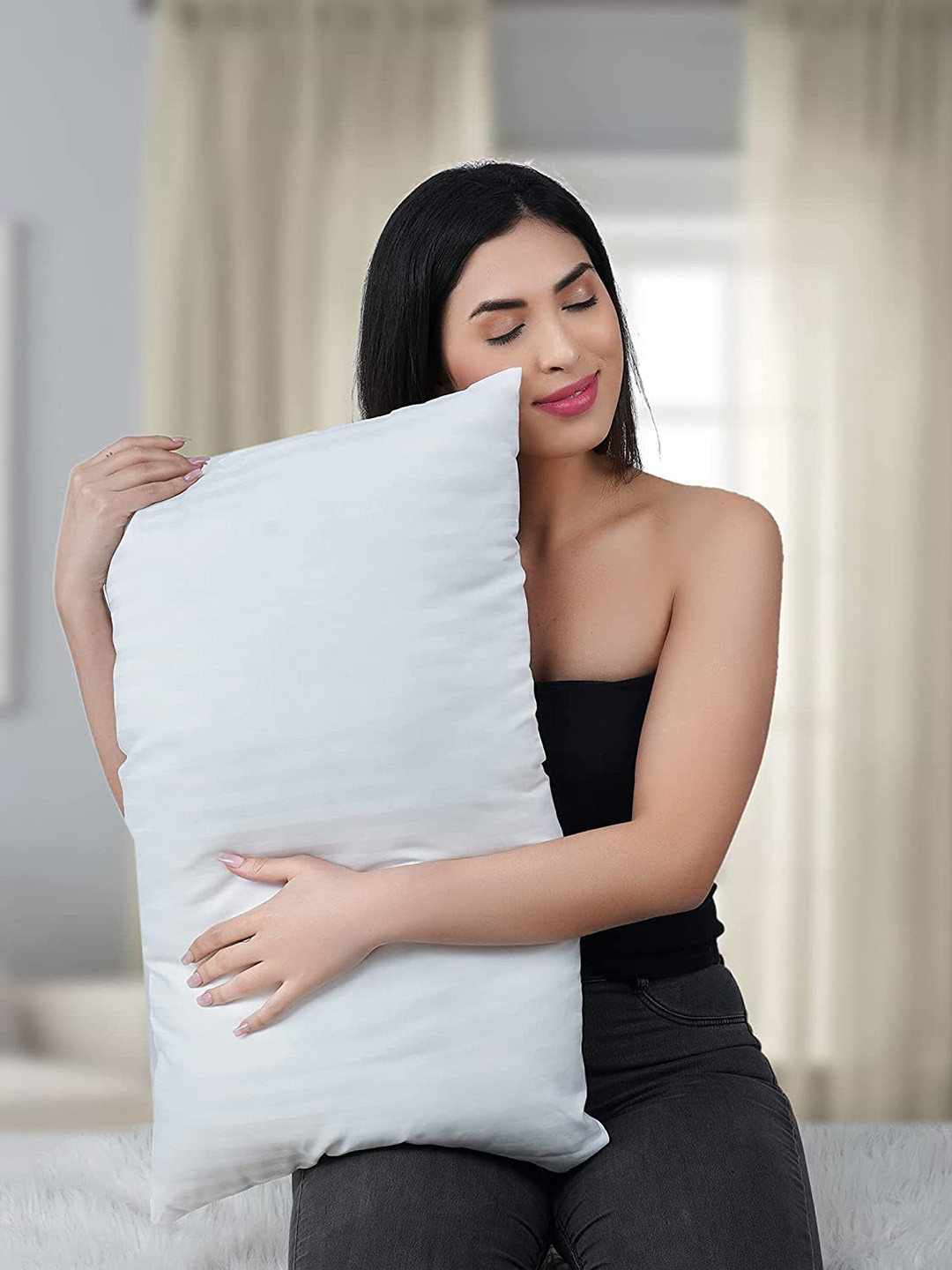 Wakeup India Hollow Fibre White Striped Cotton Medium Fibre Sleep Pillow-91.44 x 50.8 cm