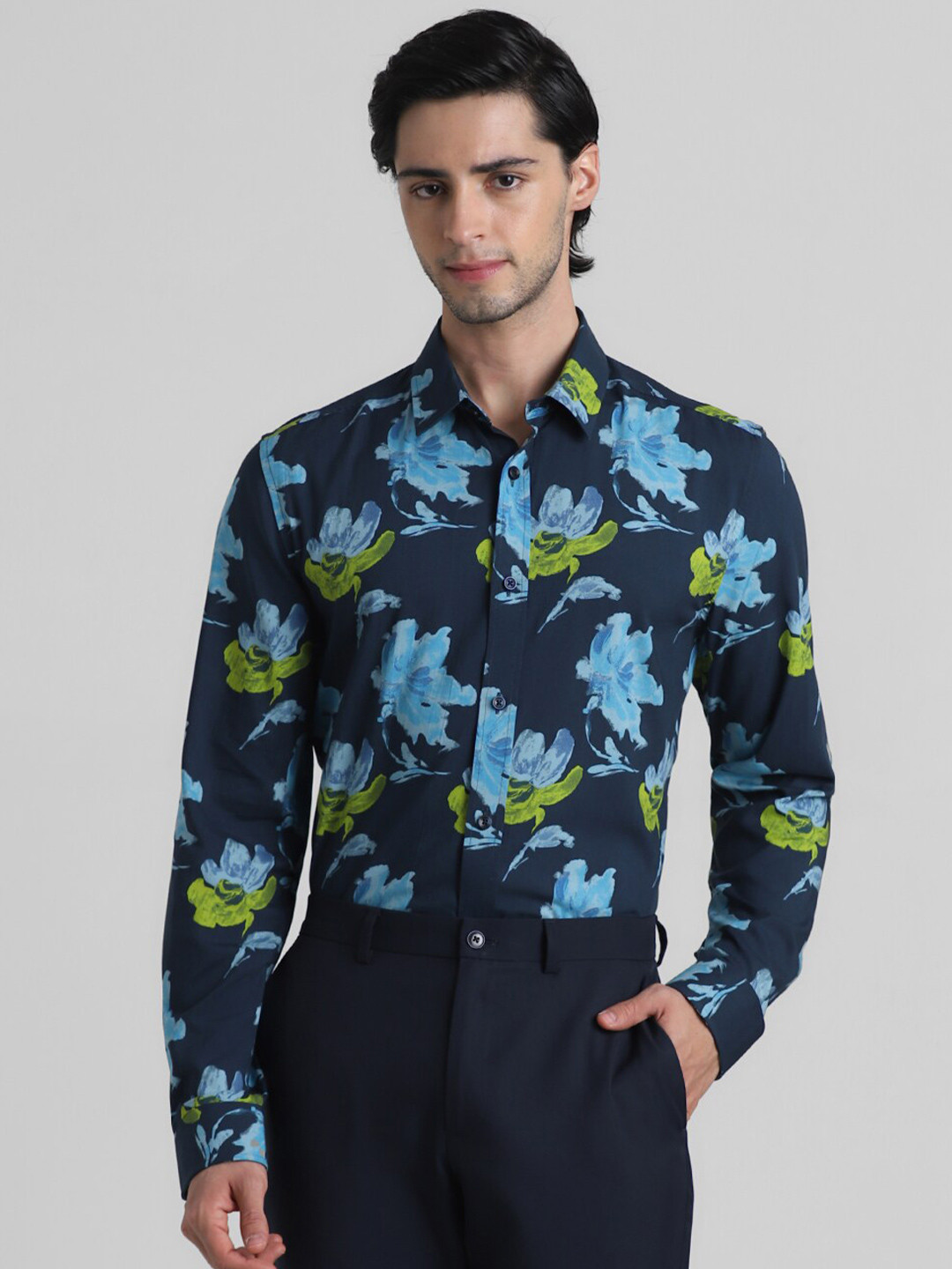 Jack & Jones Floral Printed Spread Collar Cotton Casual Slim Fit Shirt