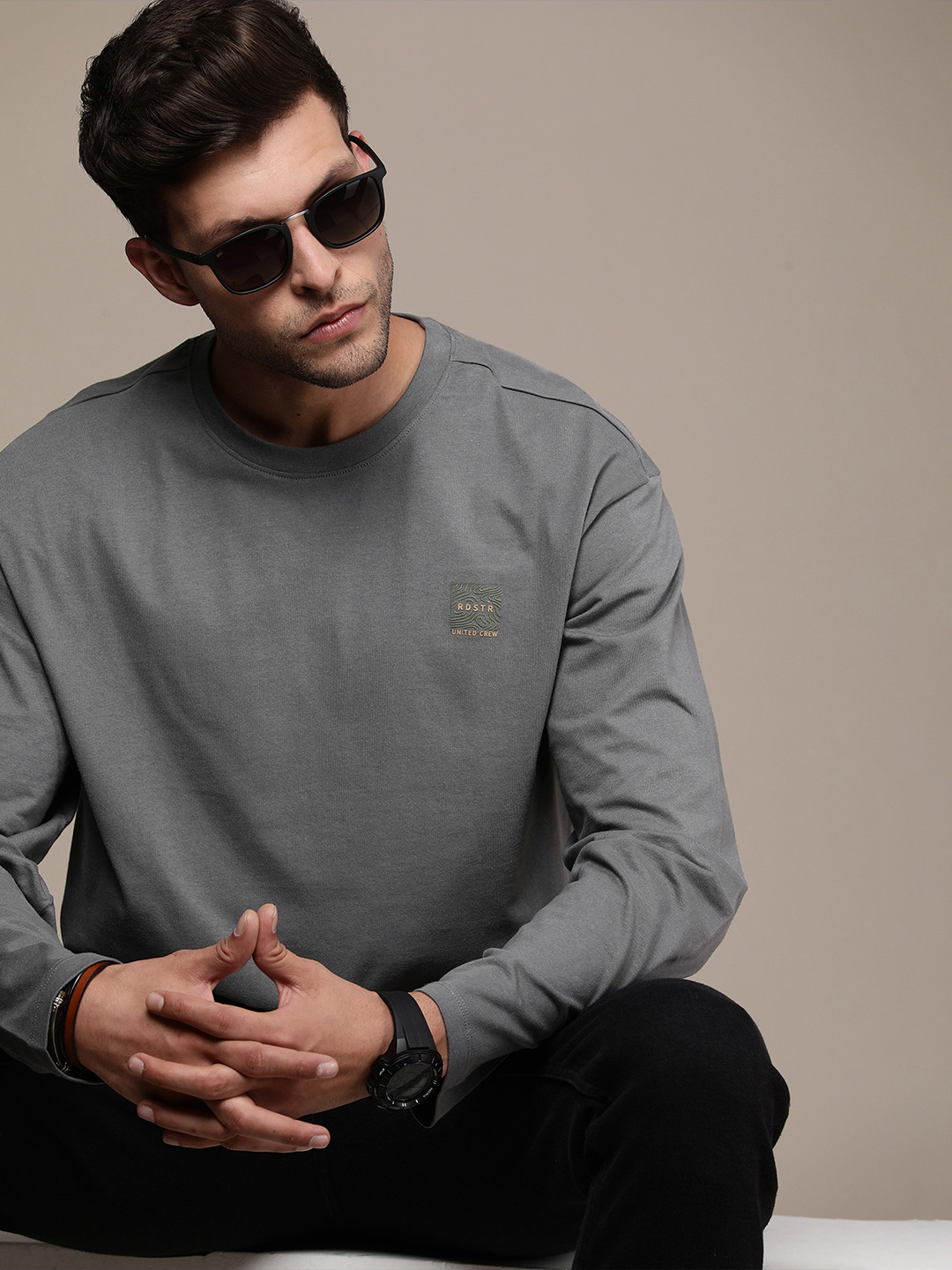 The Roadster Life Co. Pure Cotton Solid Drop-Shoulder Sleeves Casual T-shirt