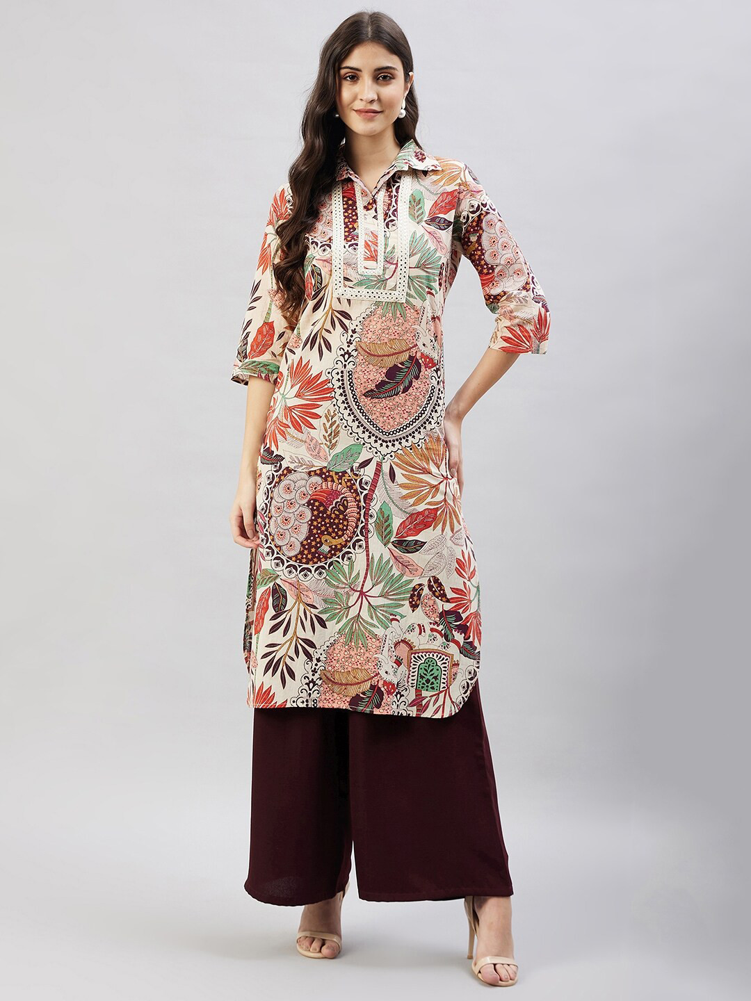 WineRed Floral Printed Pure Cotton Kurta