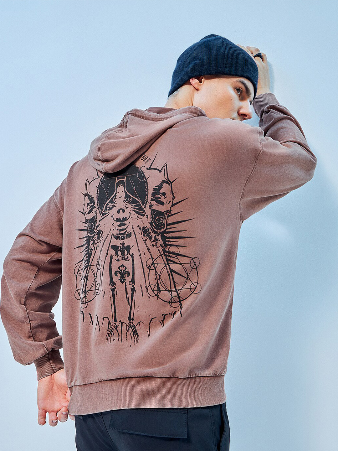 Bewakoof Official DC Merchandise Bat Skull Graphic Printed Oversized Hoodie