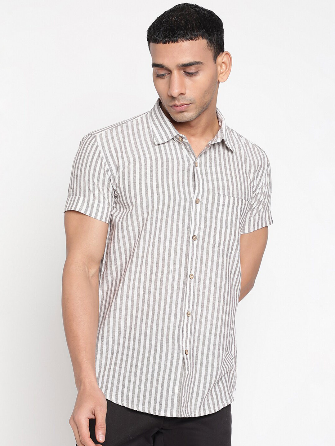 JAVINISHKA Classic Slim Fit Vertical Stripes Cotton Linen Casual Shirt