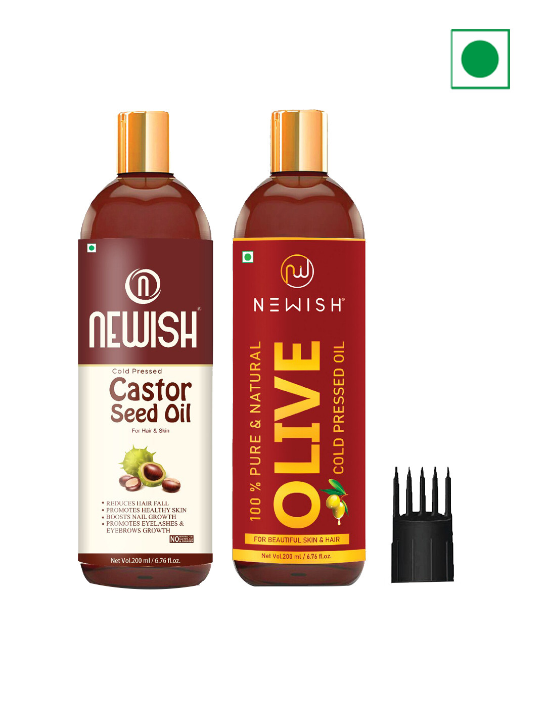 NEWISH Cold Pressed Olive & Castor Seed Oil For Hair & Skin Growth - 200ml Each