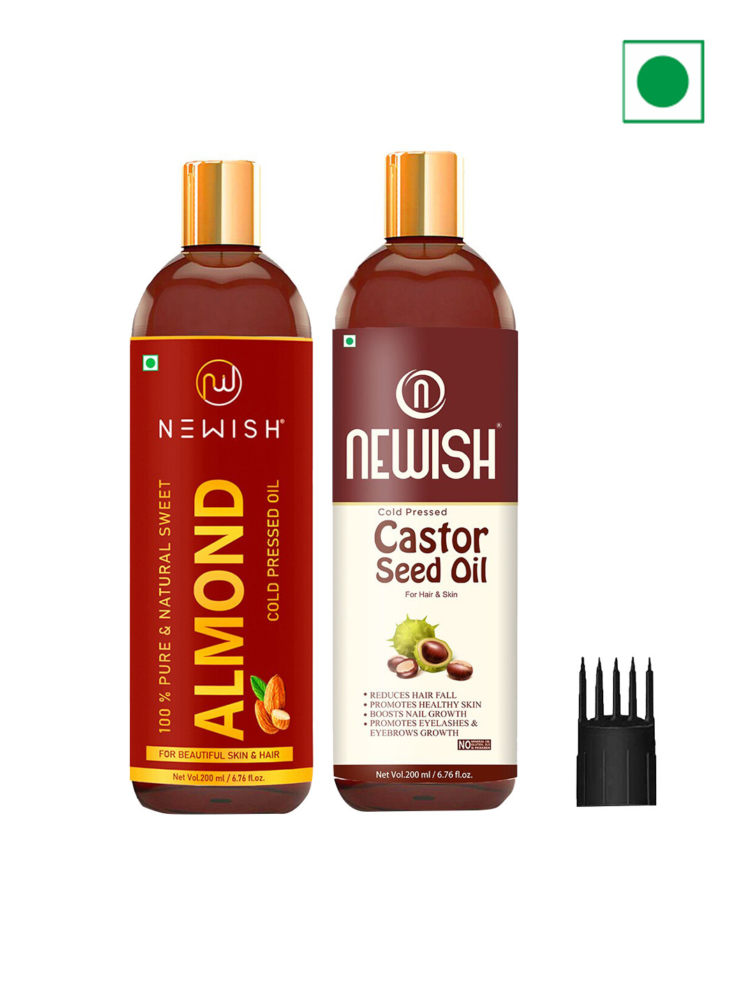 NEWISH Cold Pressed Sweet Almond & Castor Seed Oil For Skin & Hair Growth - 200ml Each