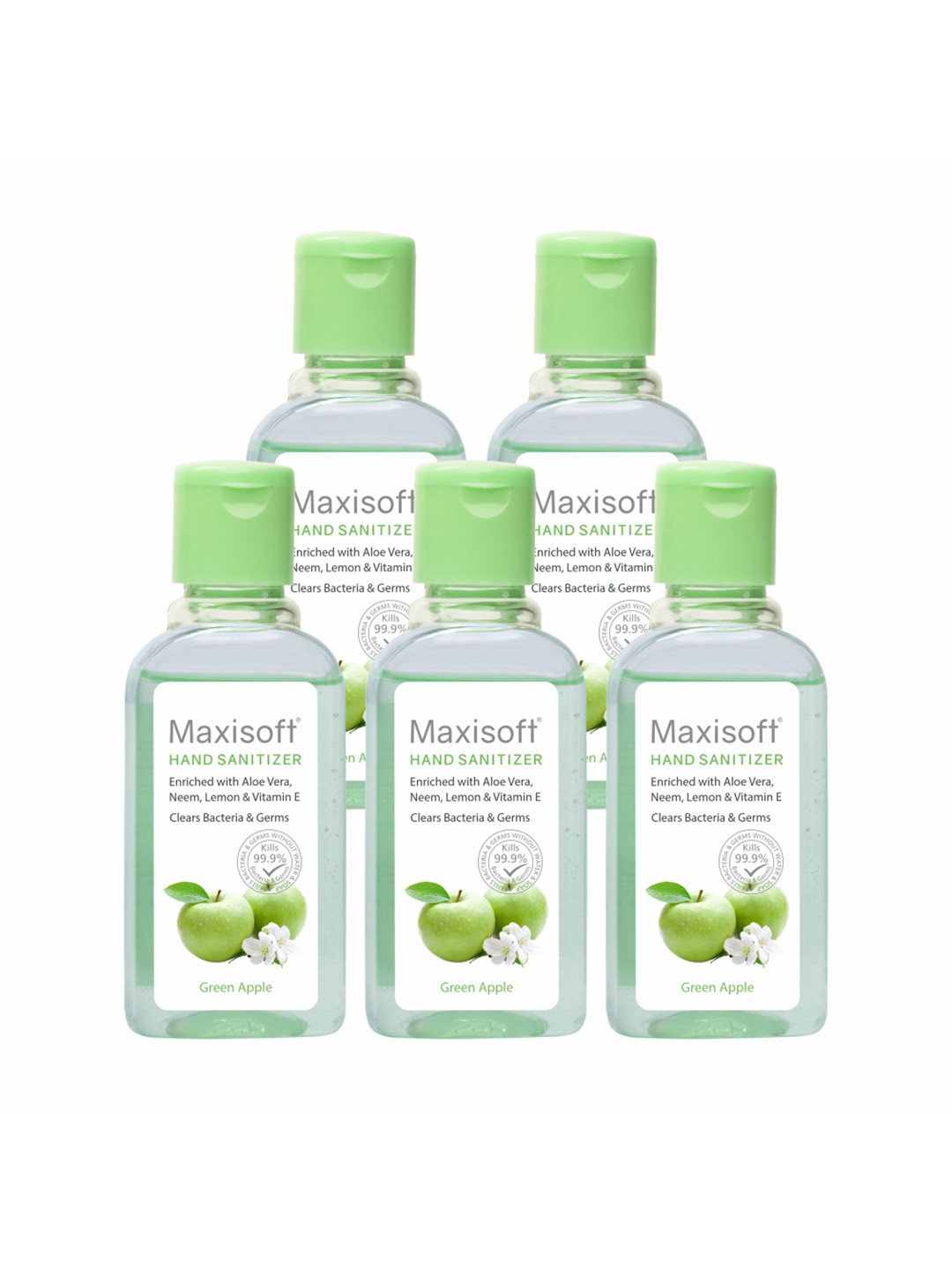 Maxisoft Set of 5 Green Apple Hand Sanitizer Gel with Aloe Vera & Neem - 60 ml Each