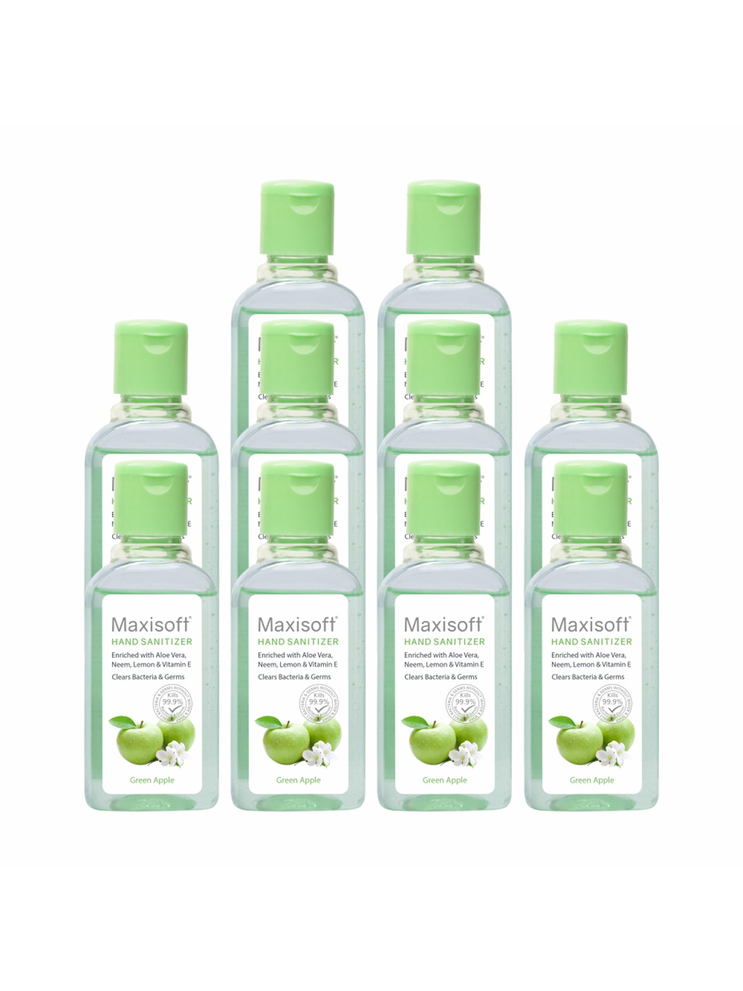 Maxisoft Set Of 10 Green Apple Hand Sanitizers To Clear Bacteria & Germs - 60ml Each