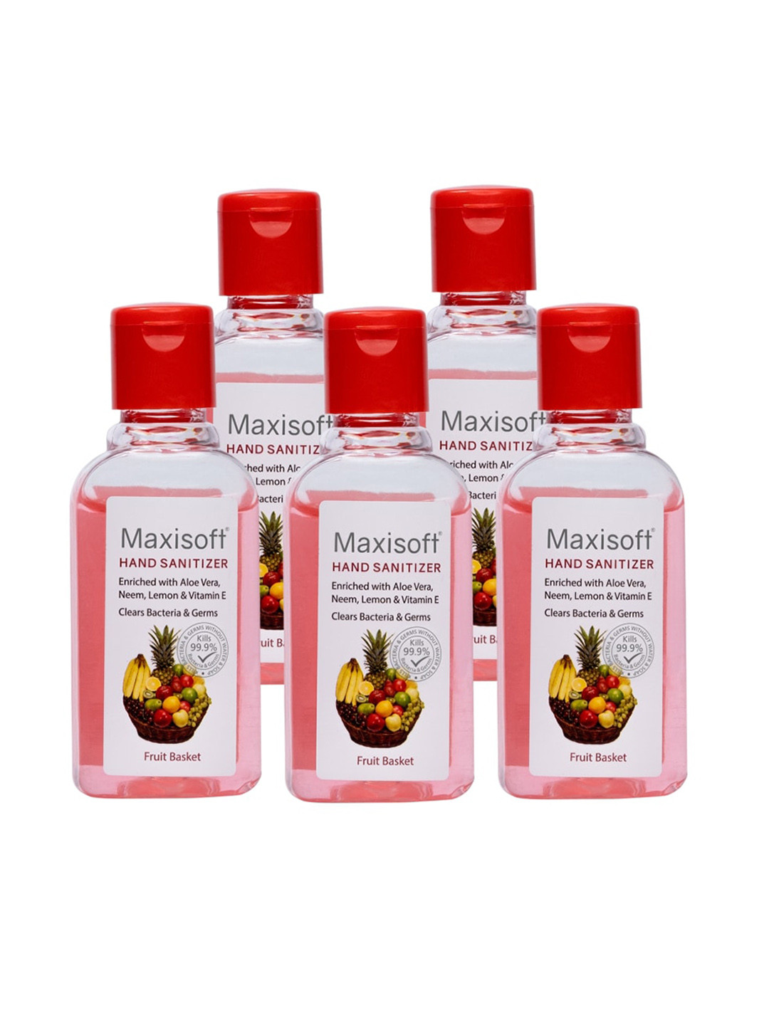 Maxisoft Set of 5 Fruit Basket Hand Sanitizer with Aloe Vera & Neem - 60 ml Each