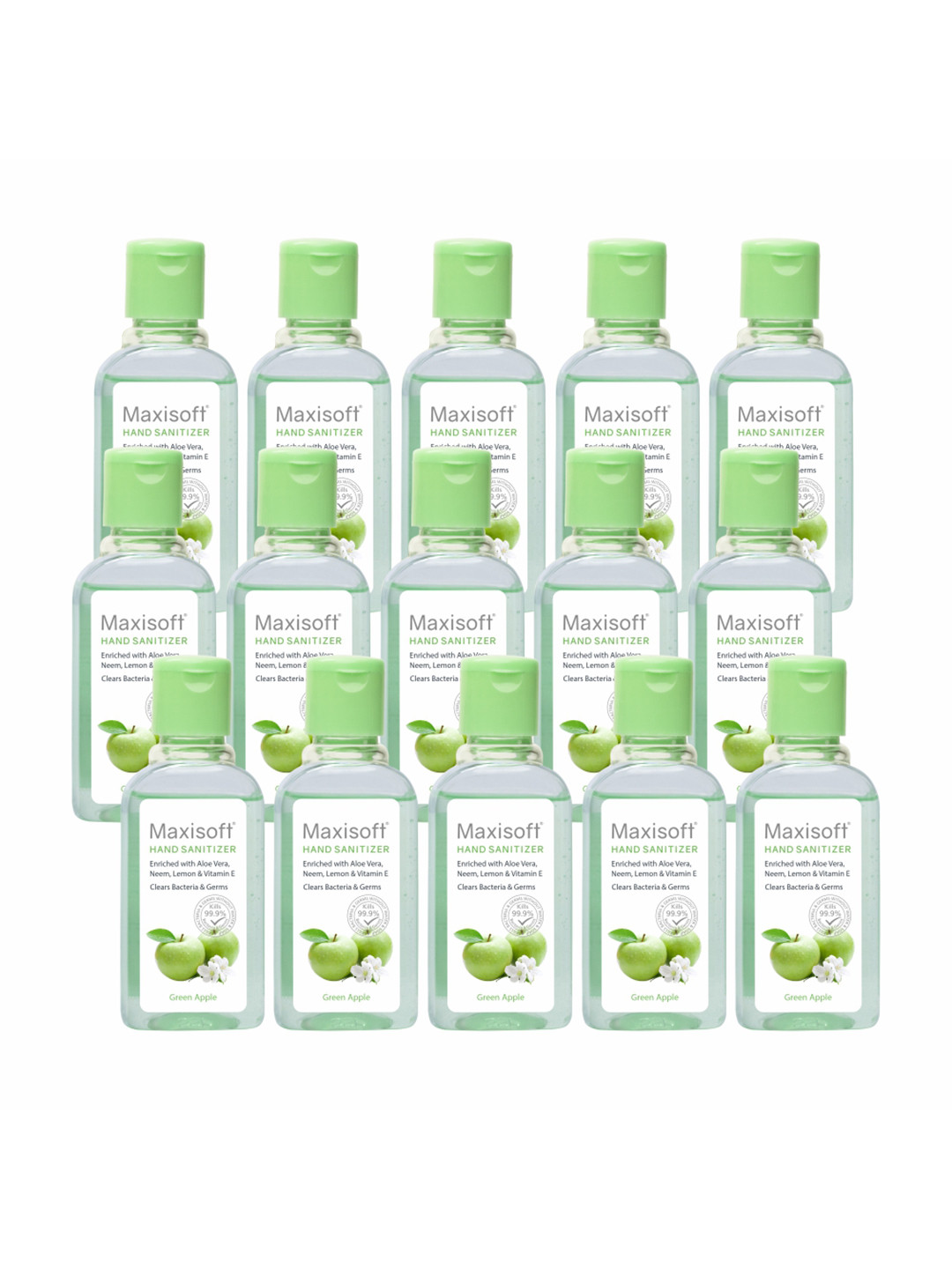Maxisoft Set of 15 Green Apple Hand Sanitizer with Aloe Vera & Neem - 60 ml Each
