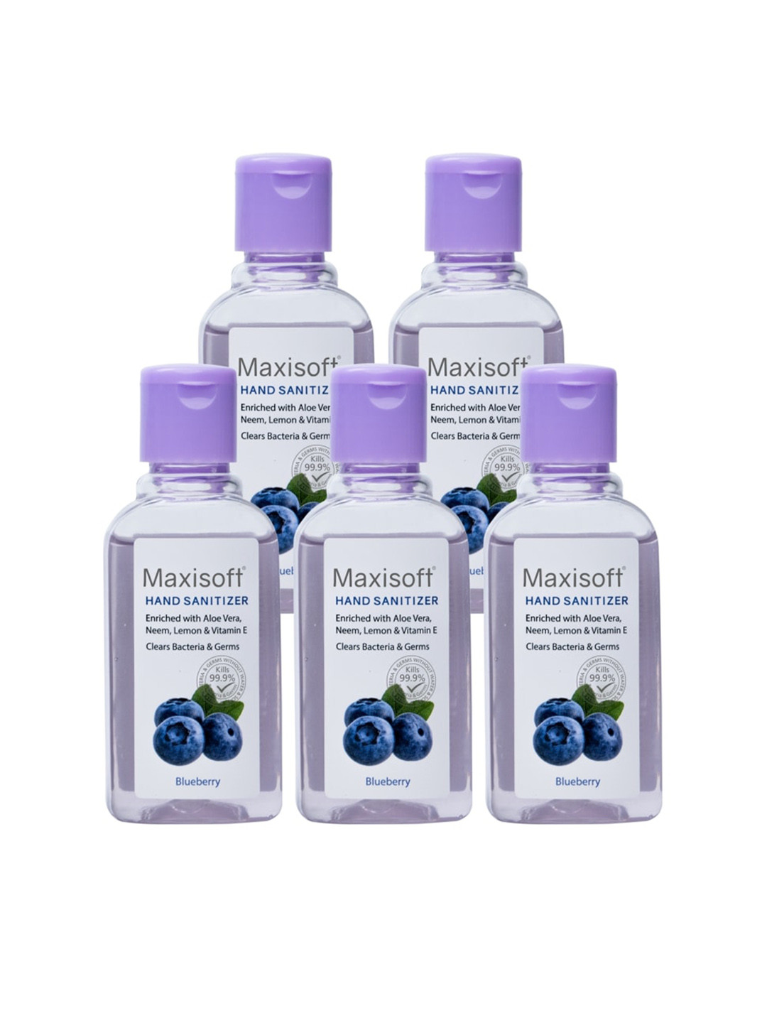 Maxisoft Set Of 5 Blueberry Hand Sanitizers To Clear Bacteria & Germs - 60ml Each