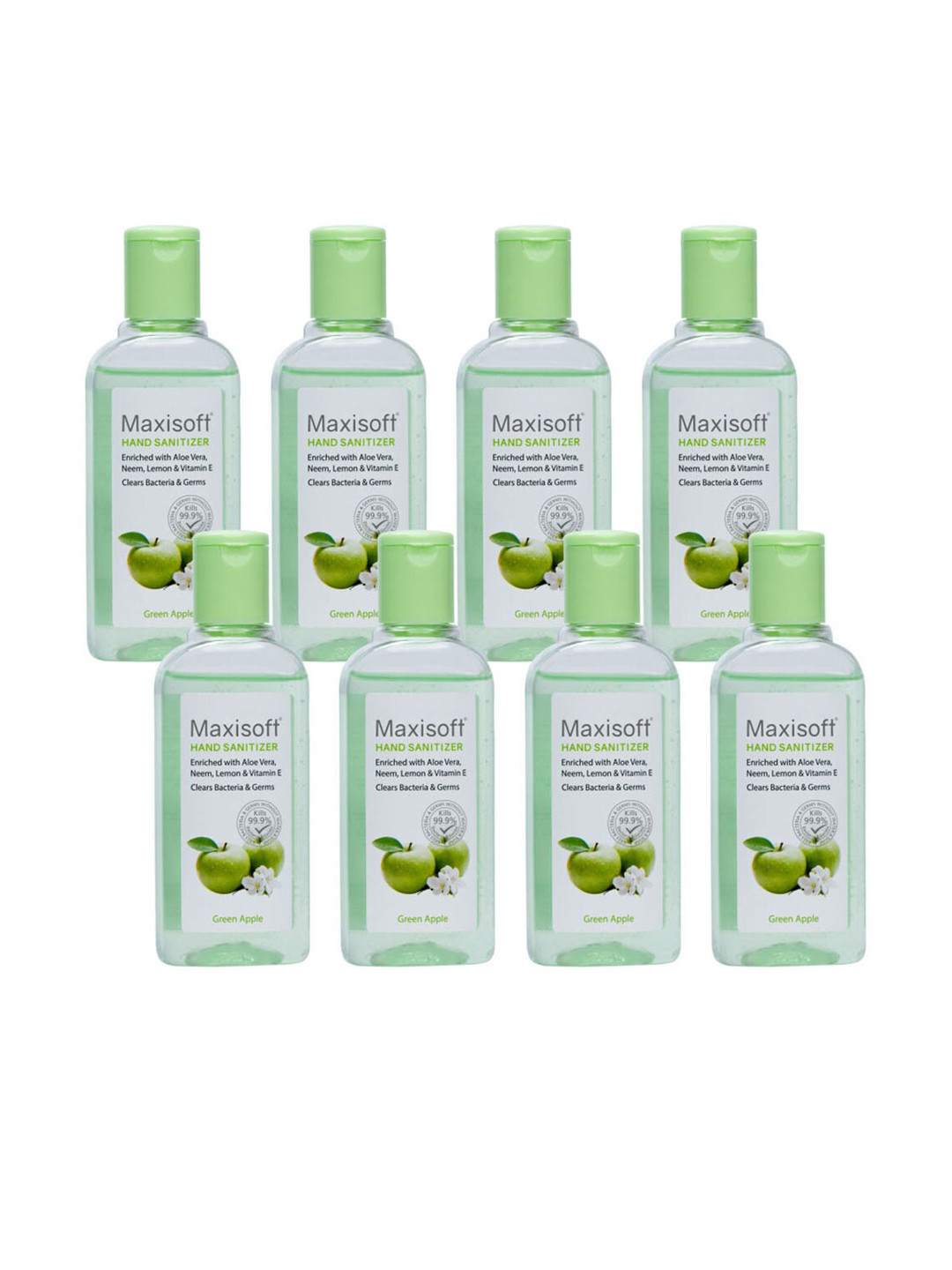 Maxisoft Set of 8 Green Apple Hand Sanitizer Gel with Aloe Vera & Neem - 100 ml Each