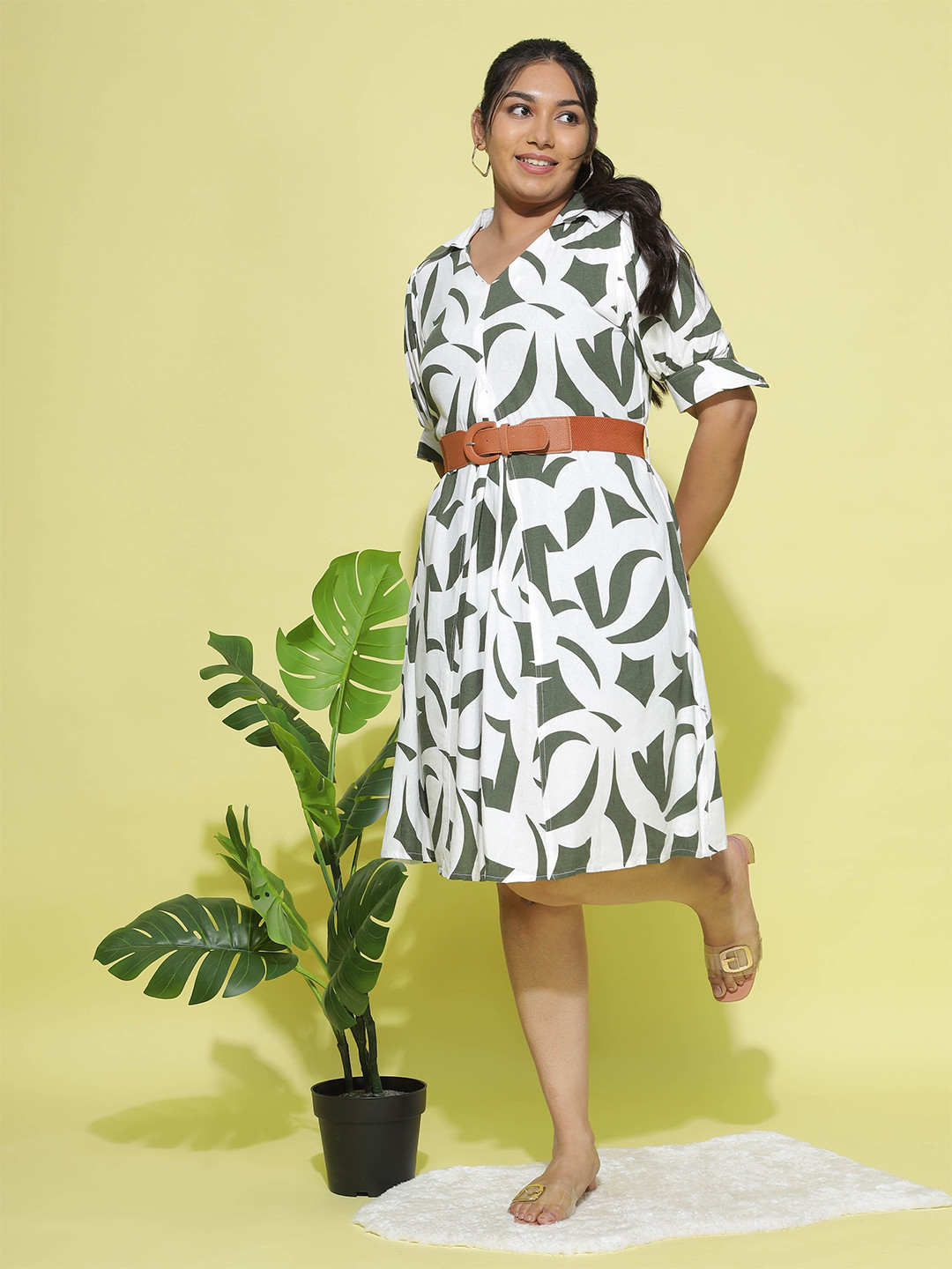 9shines Label Plus Size Abstract Printed Shirt Collar Linen Cotton A-Line Belted Dress