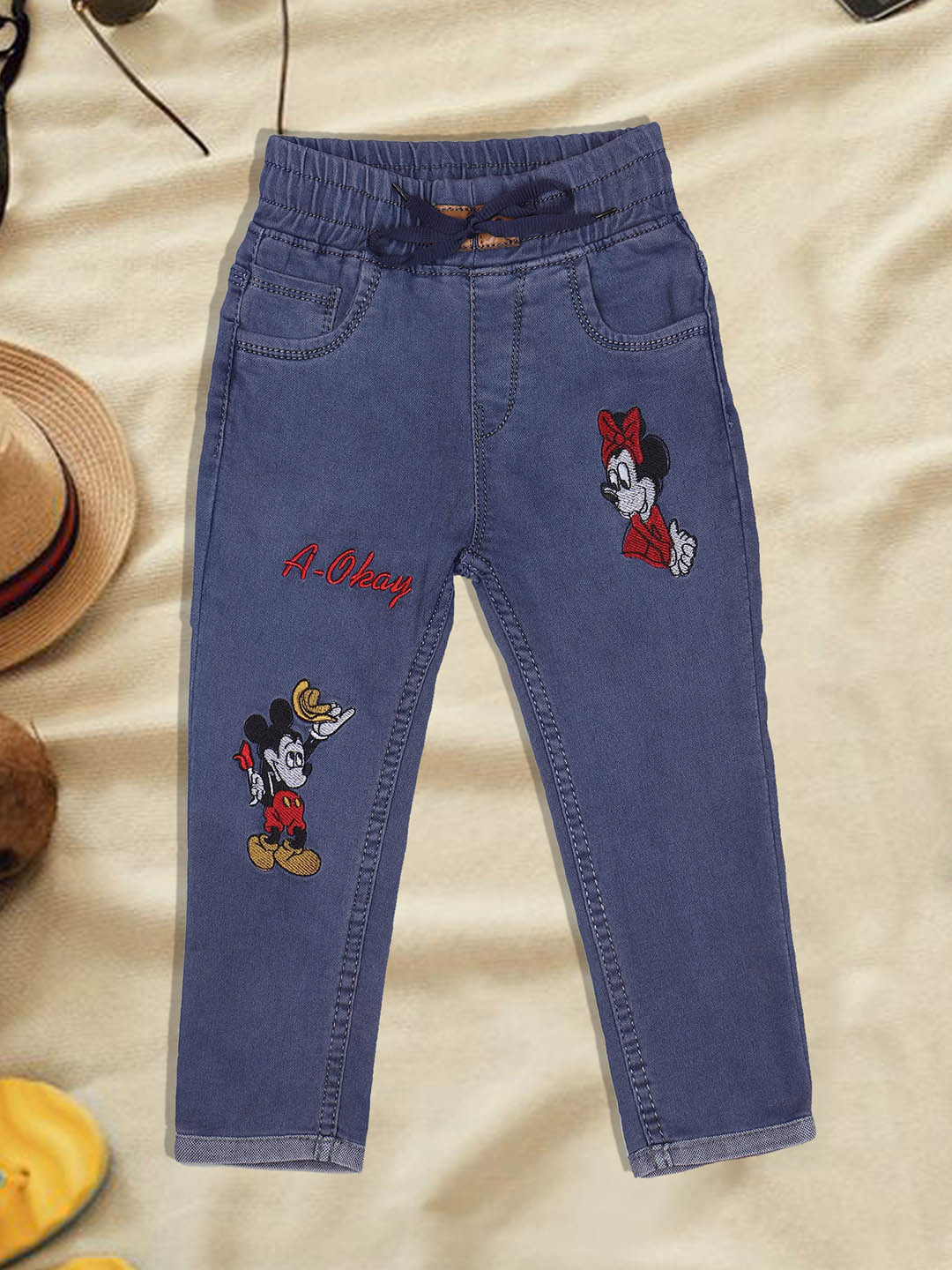 A-Okay Girls Jogger High-Rise Mickey Mouse Printed Acid Wash Jeans