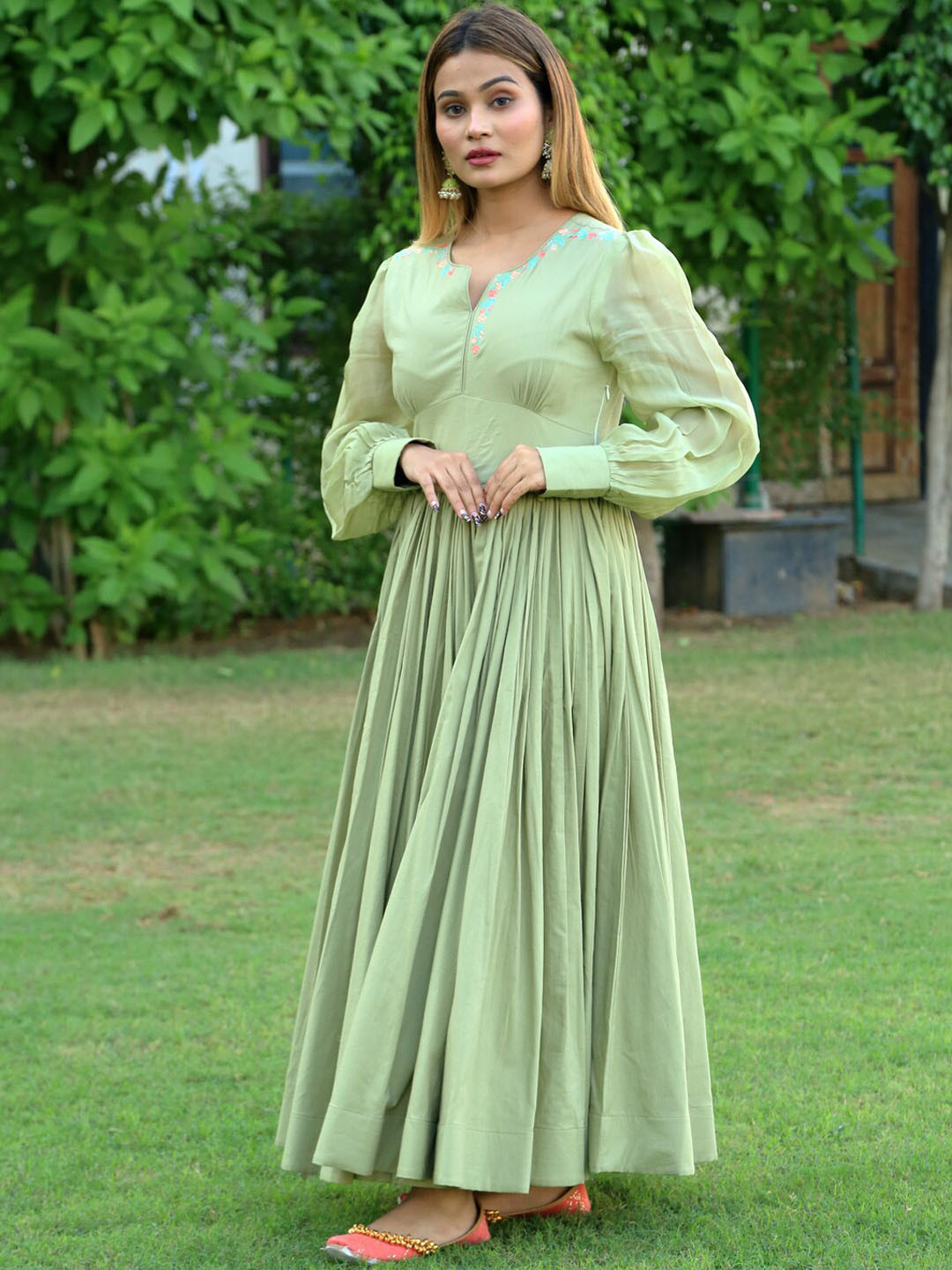 Indian Virasat Floral Embroidered Printed Cotton Fit & Flared Maxi Dress