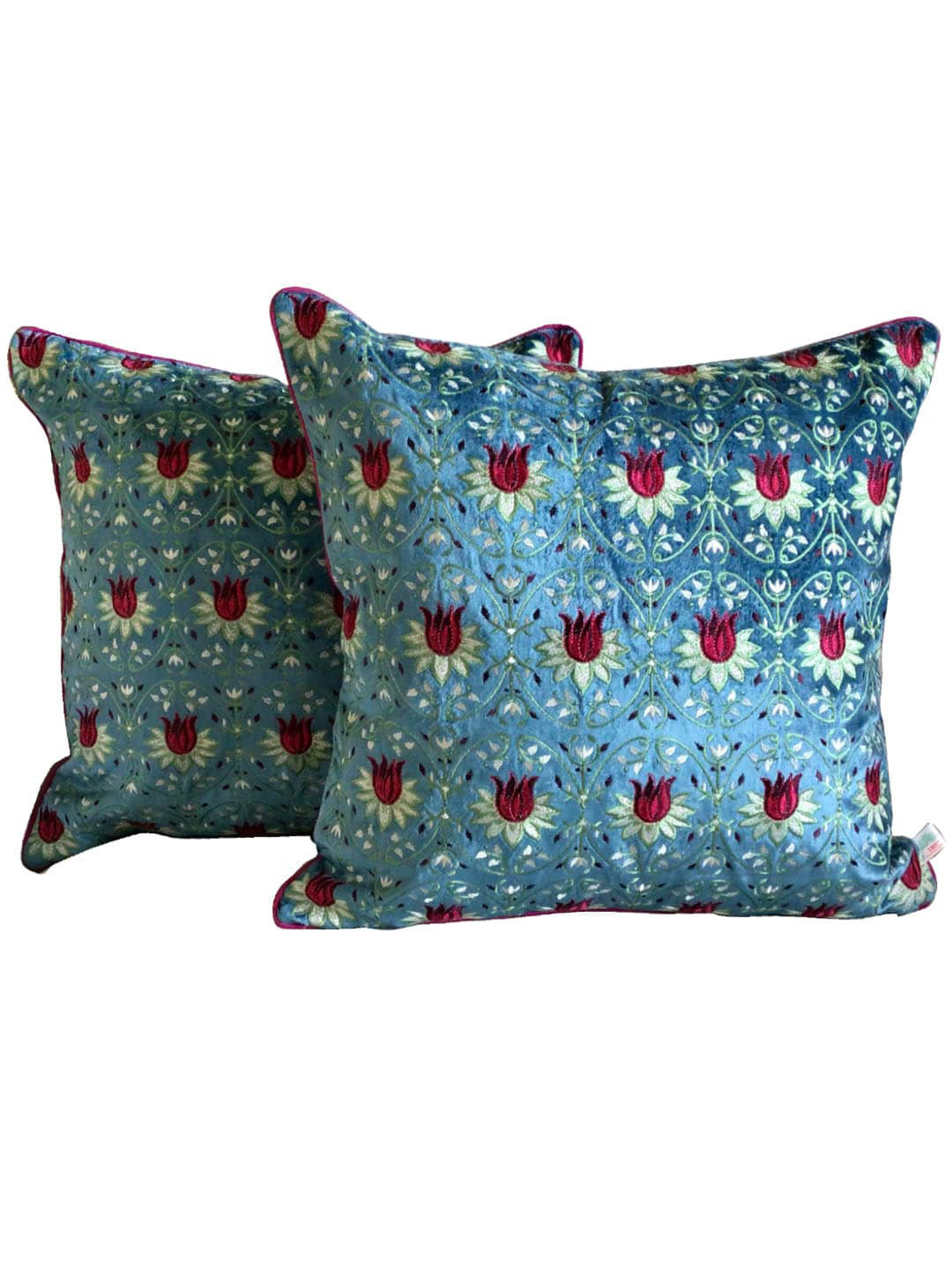 TARA- Sparkling Homes Blue & Red Floral Velvet Square Cushion Cover