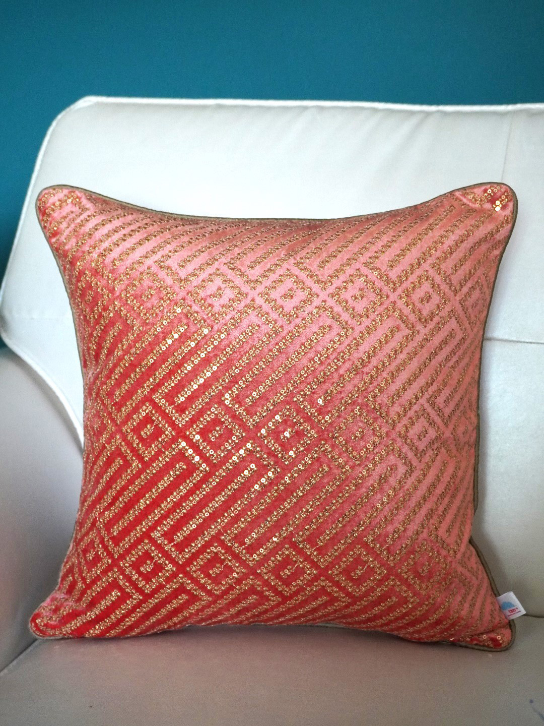 TARA- Sparkling Homes Pink & Gold-Toned Geometric Velvet Square Cushion Cover