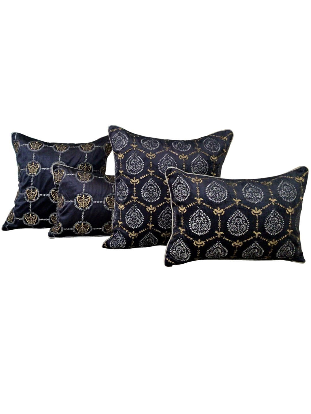 TARA- Sparkling Homes Ethnic Motifs Velvet 4 Pcs Embroidered Cushion Covers - 12 x 18 In