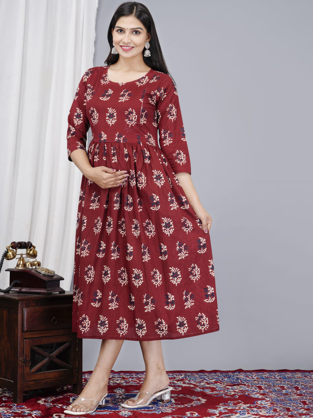 ao services Ethnic Motifs Printed Gathered Cotton Maternity Fit and Flare Ethnic Dresses