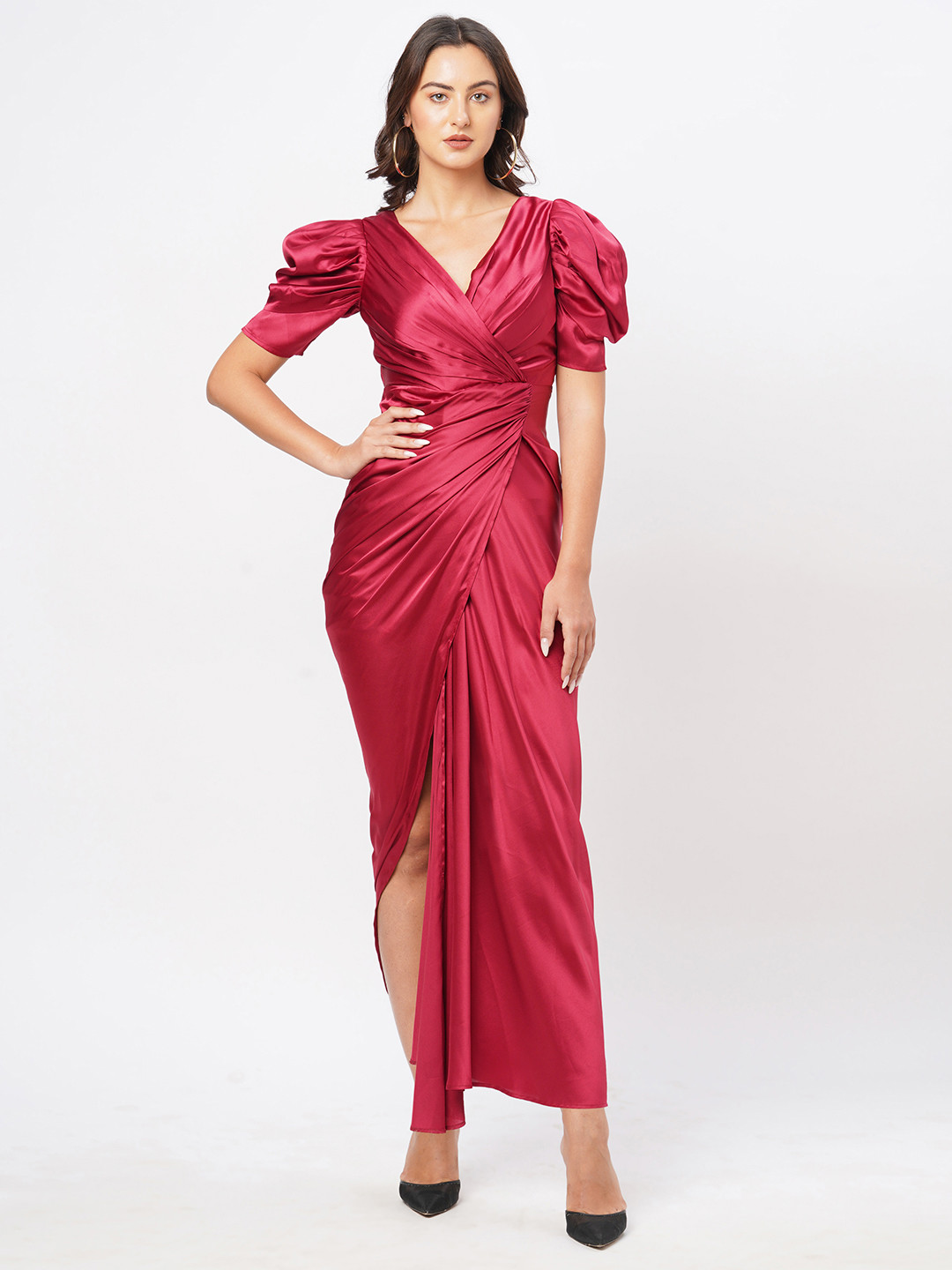 Curves by MISH Satin Puff Sleeve Maxi Party Dress