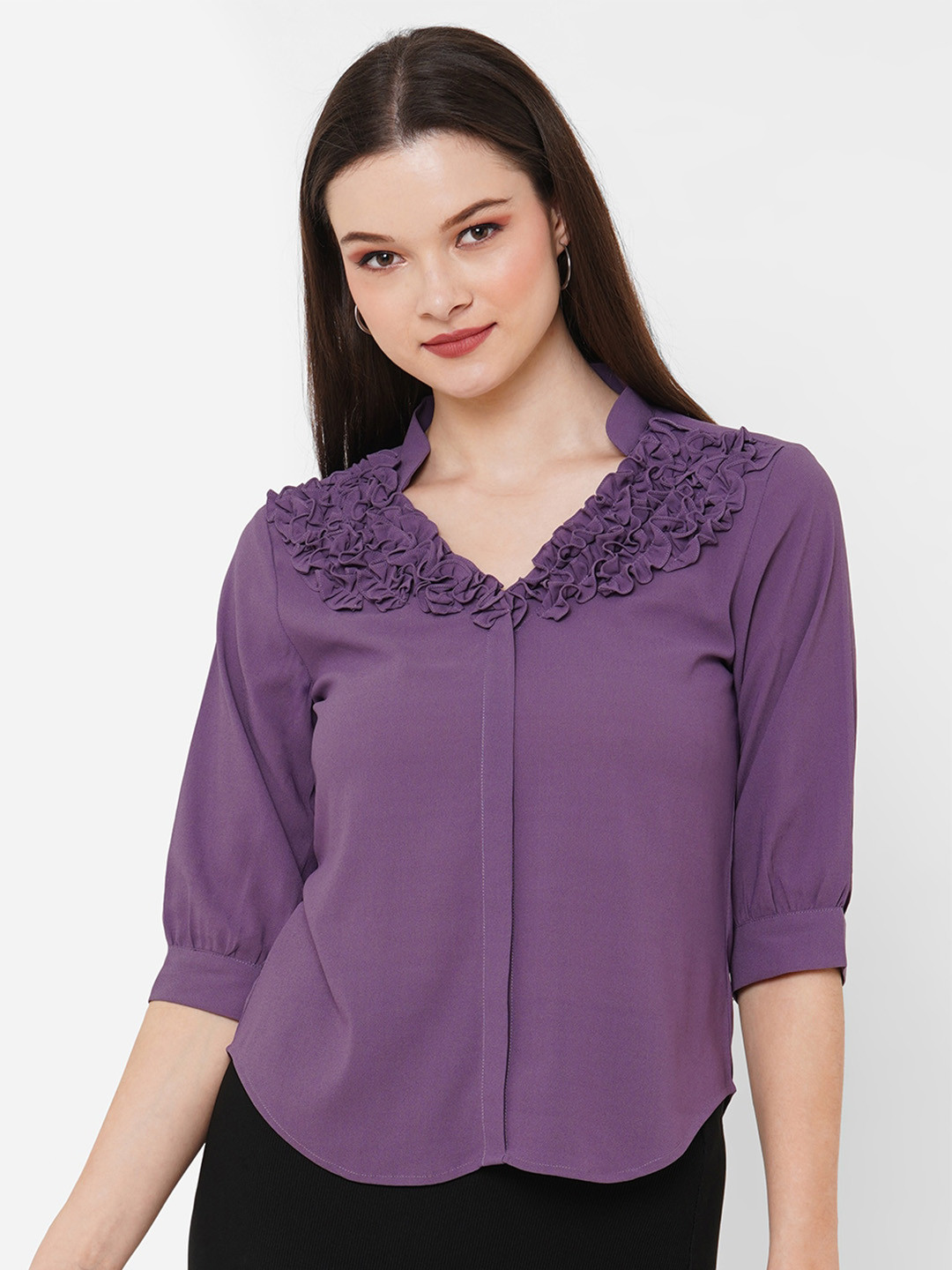 Curves by MISH Mandarin Collar Ruffles Shirt Style Top