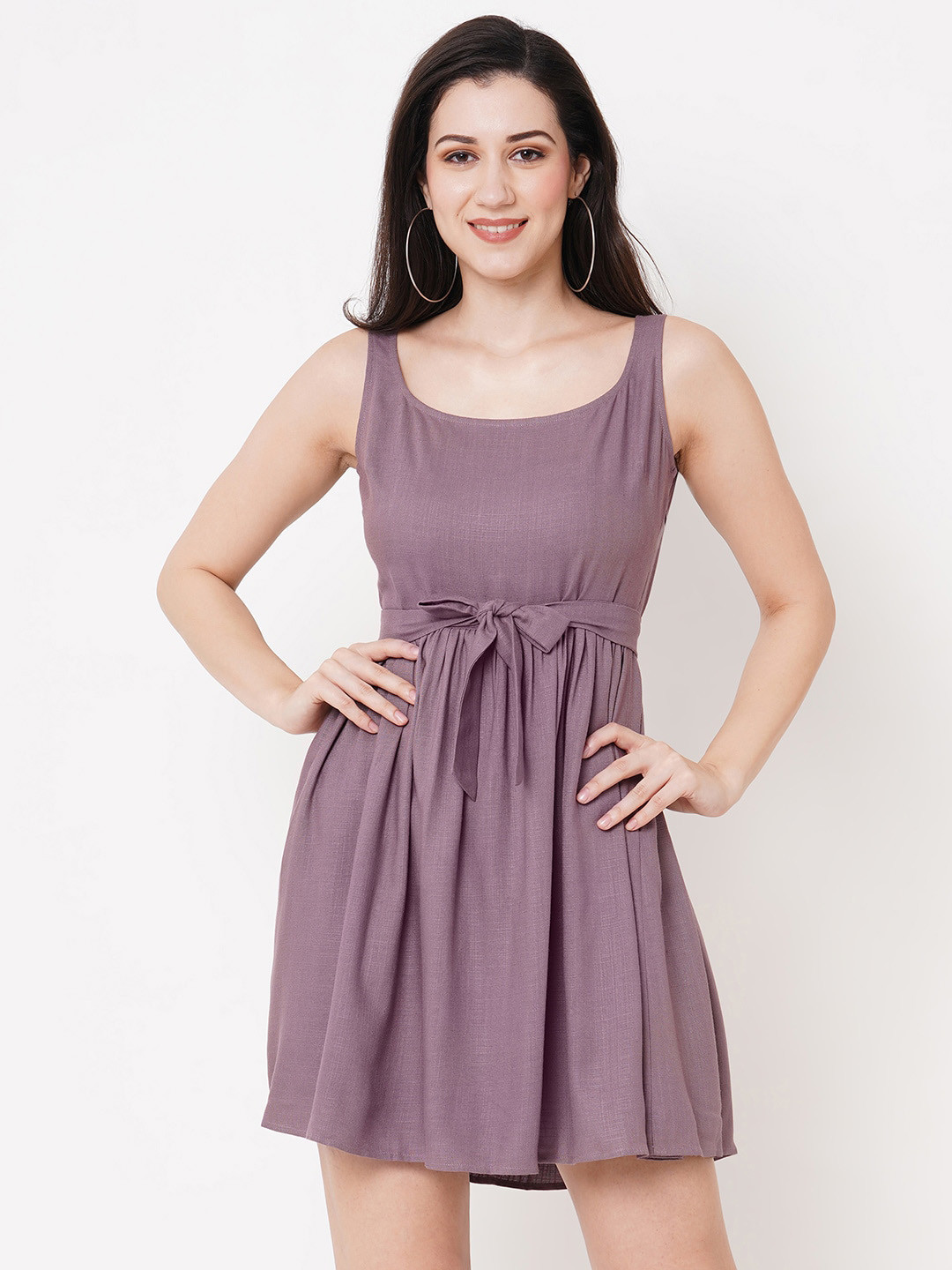 Curves by MISH Round Neck Gathered or Pleated Fit & Flare Mini Dress With Belt