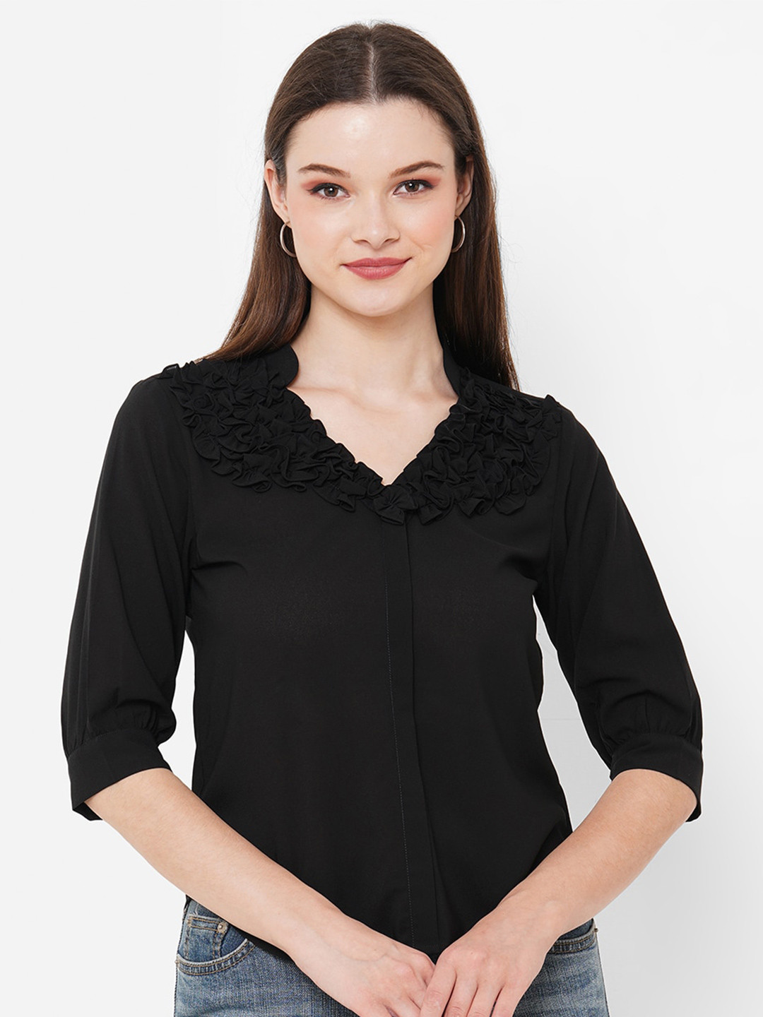Curves by MISH V-Neck Ruffles Shirt Style Top