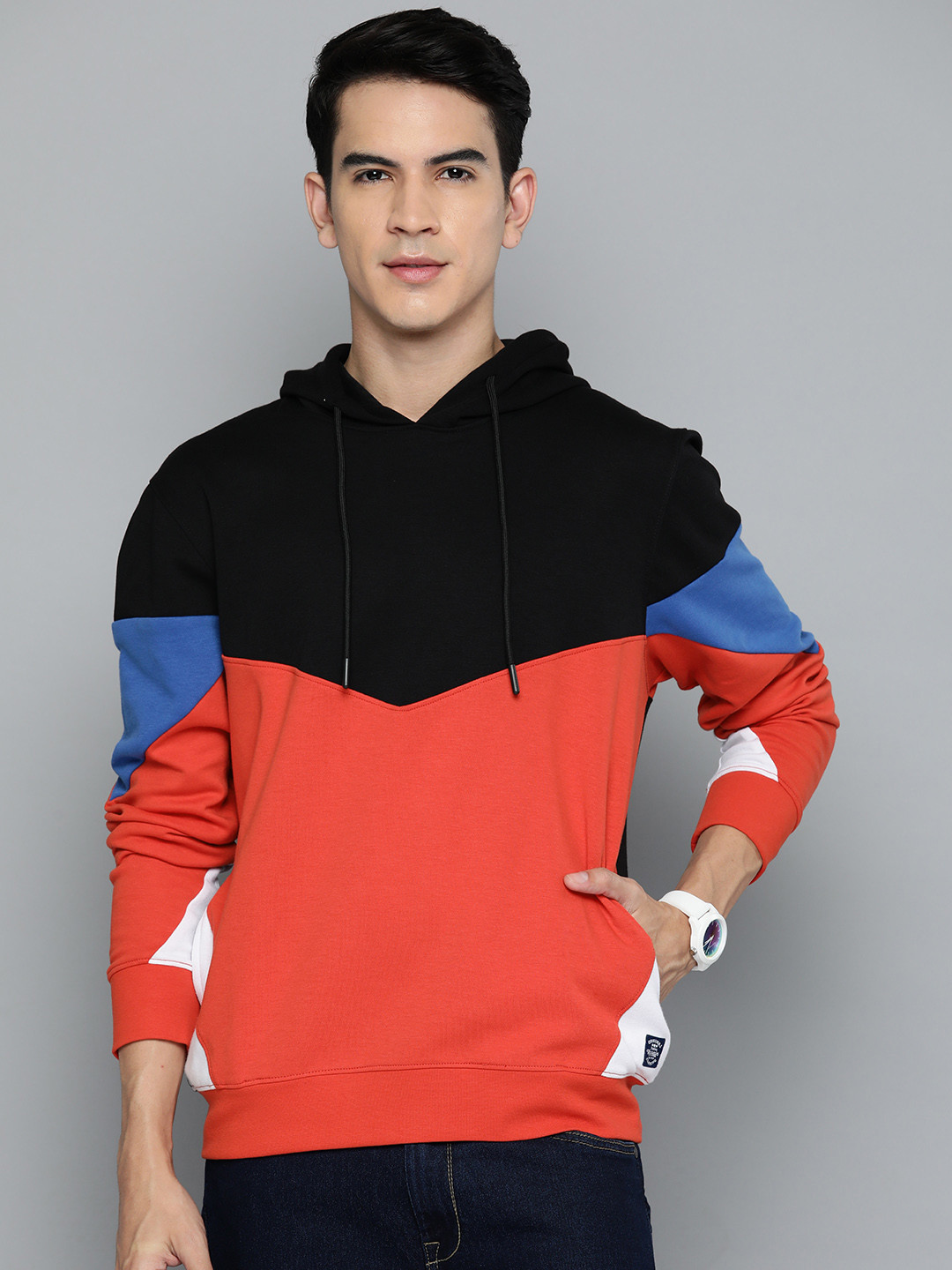 Indian Terrain Colourblocked Hooded Sweatshirt
