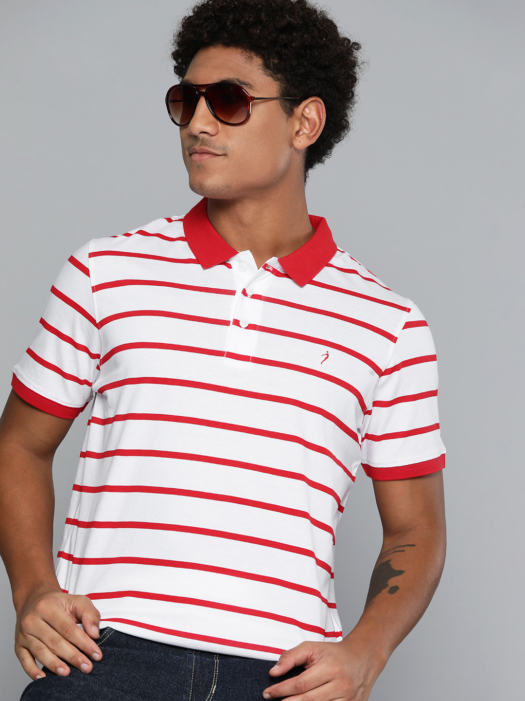 Indian Terrain Striped Polo Collar Short Sleeves Pure Cotton T-shirt