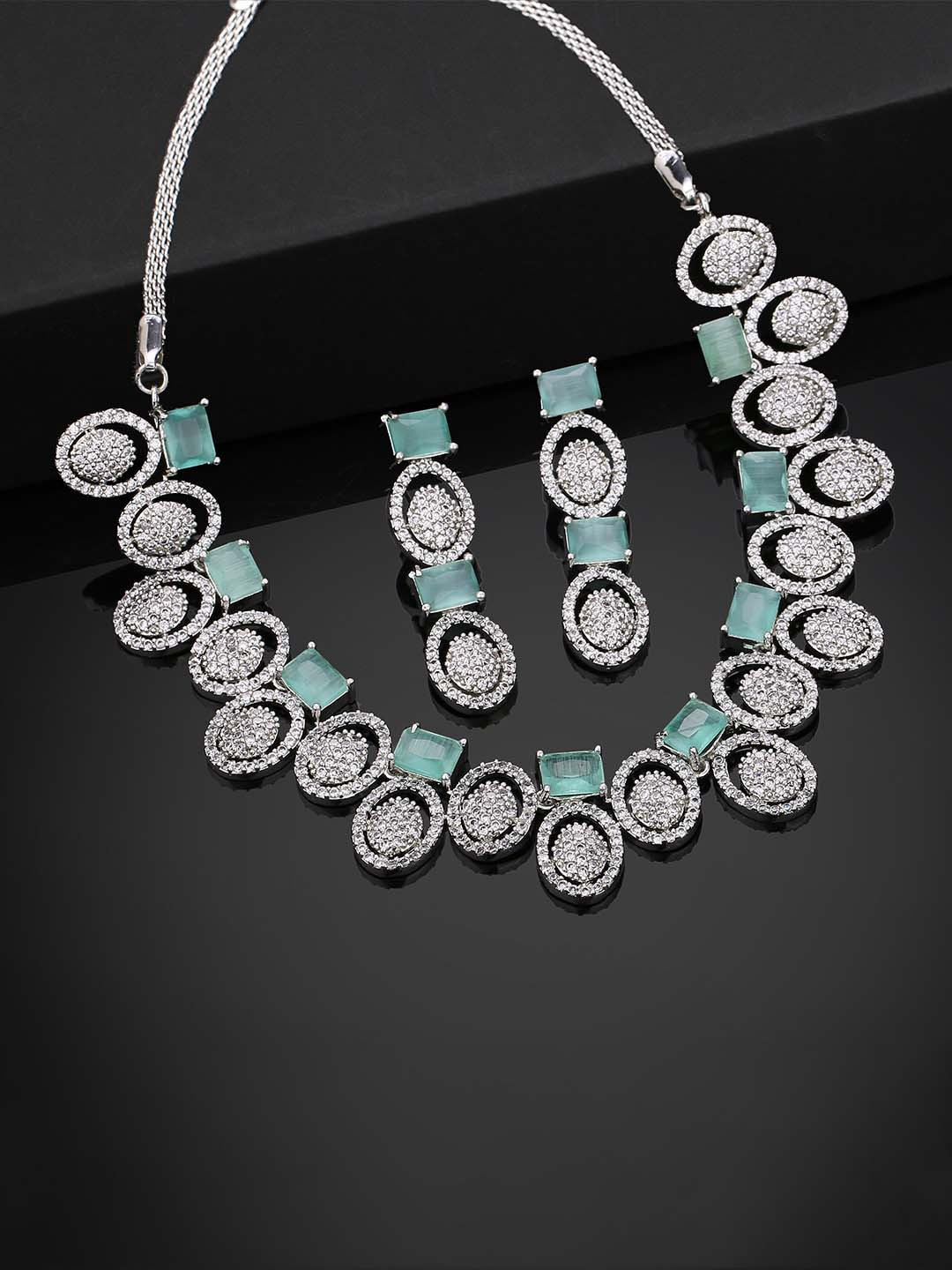 Estele Rhodium Plated CZ Mesmerizing Necklace Set with Mint Green Crystals for Women