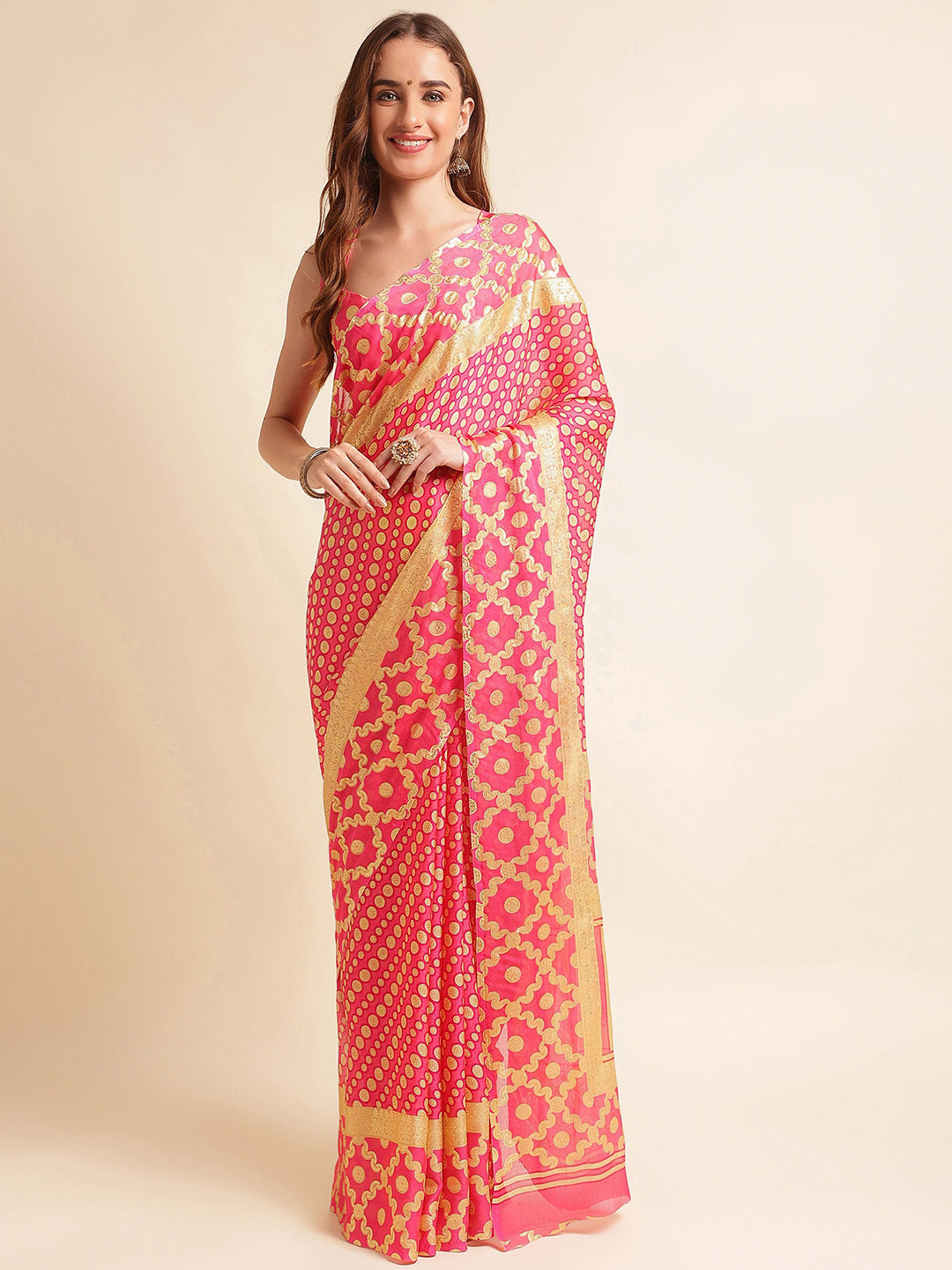 Mitera Pink & Cream-Coloured Floral Printed Pure Chiffon Saree