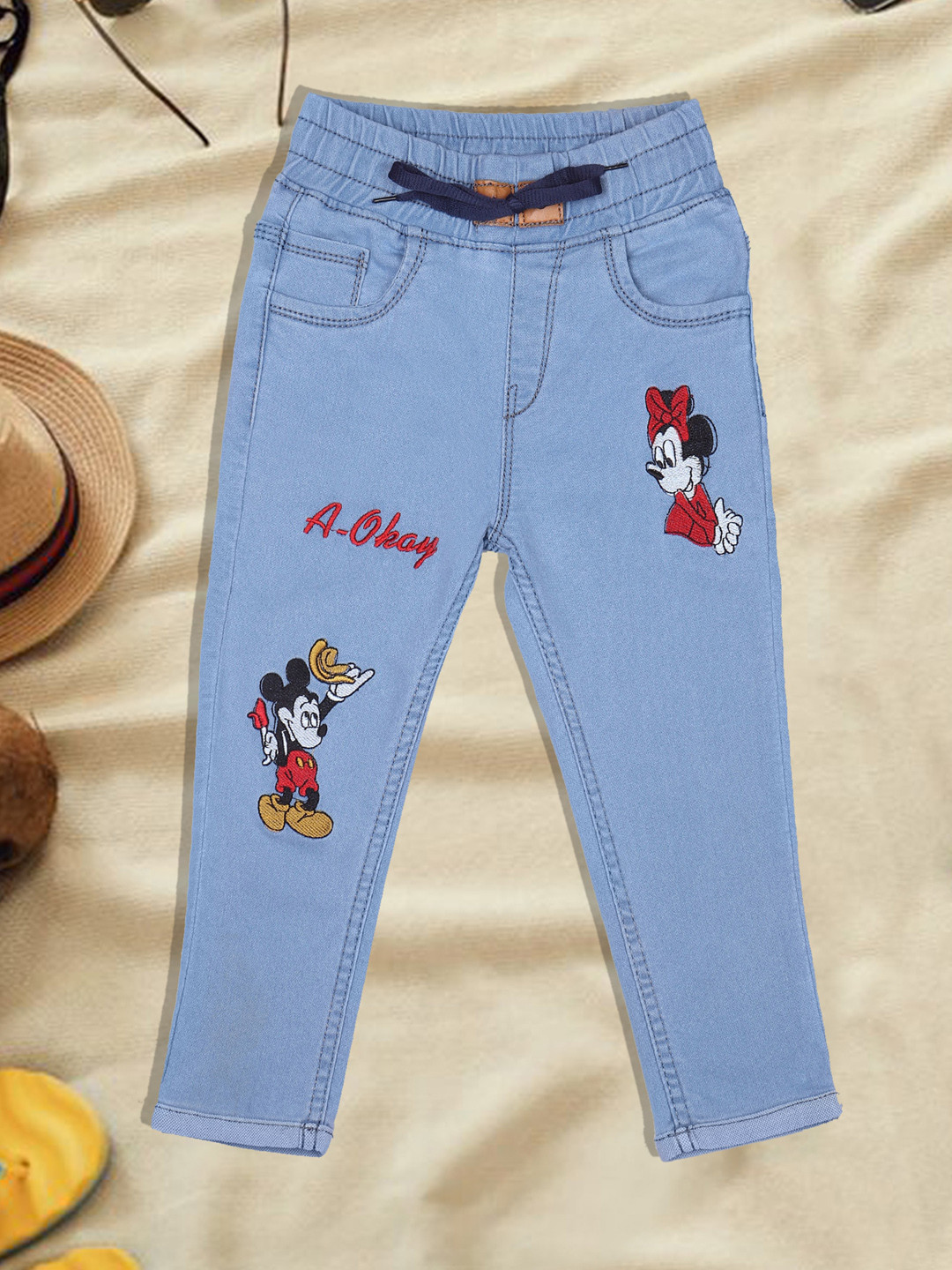 A-Okay Boys Jogger Fit High-Rise Mickey Mouse Printed Acid Wash Stretchable Jeans