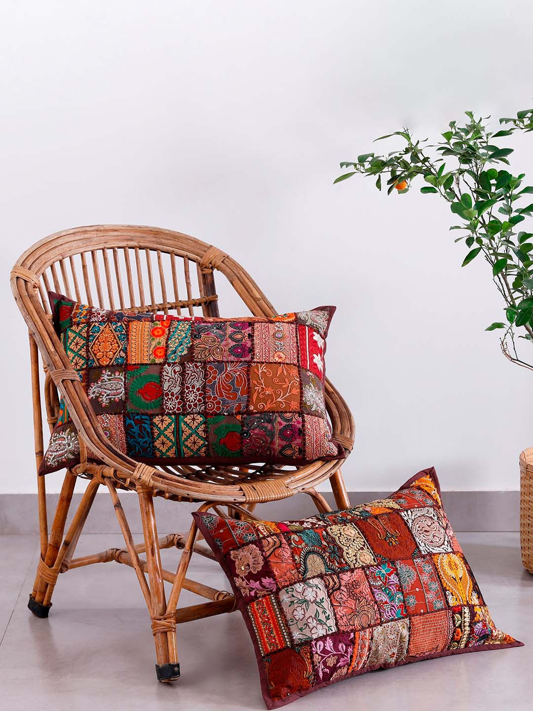 HANDICRAFT PALACE Brown & Yellow 2 Pieces Patchwork Embroidered Cotton Pillow Covers