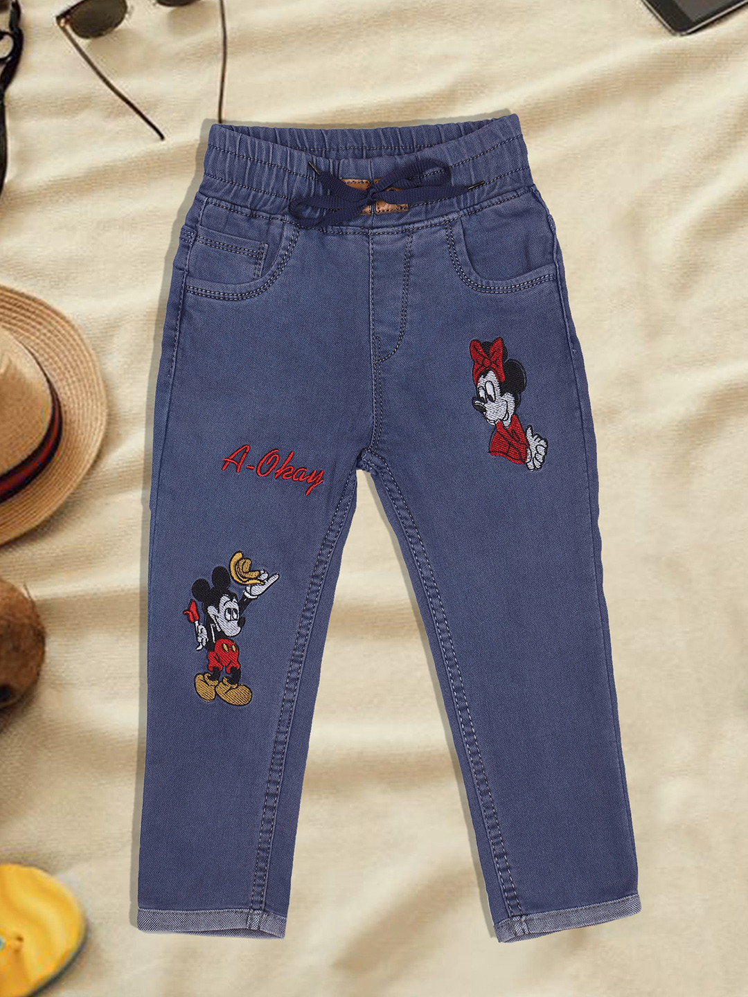 A-Okay Boys Jogger Fit High-Rise Mickey Mouse Printed Acid Wash Stretchable Jeans