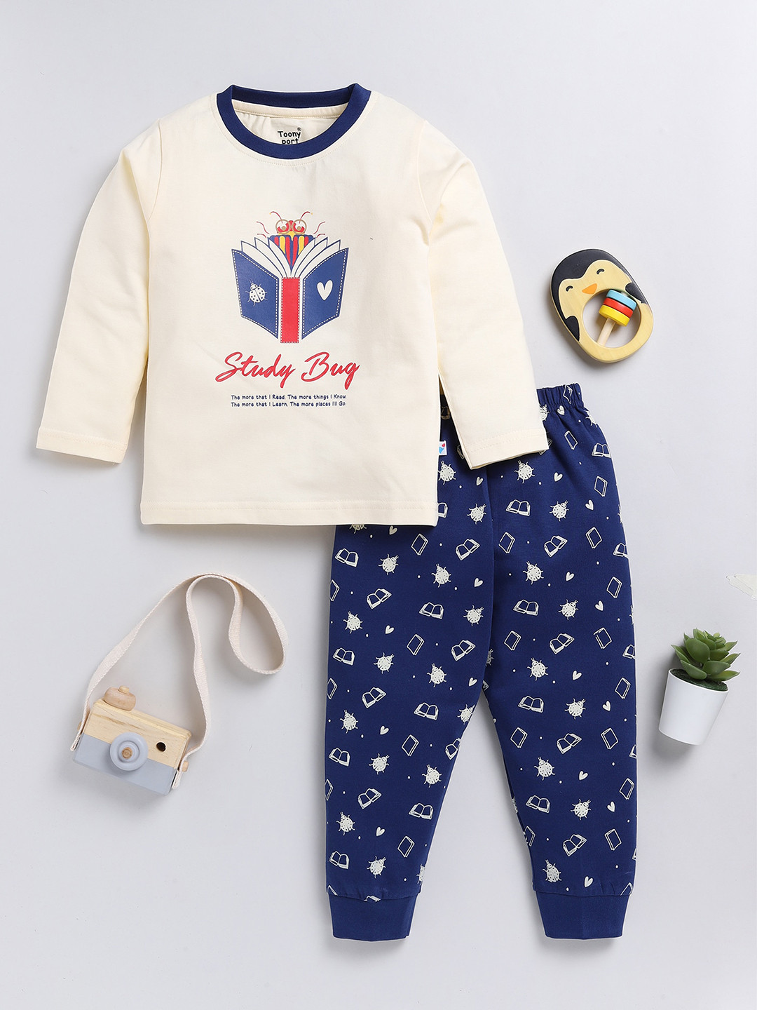 Toonyport Girls Cream Printed Pure Cotton T-shirt With Trousers Clothing Set