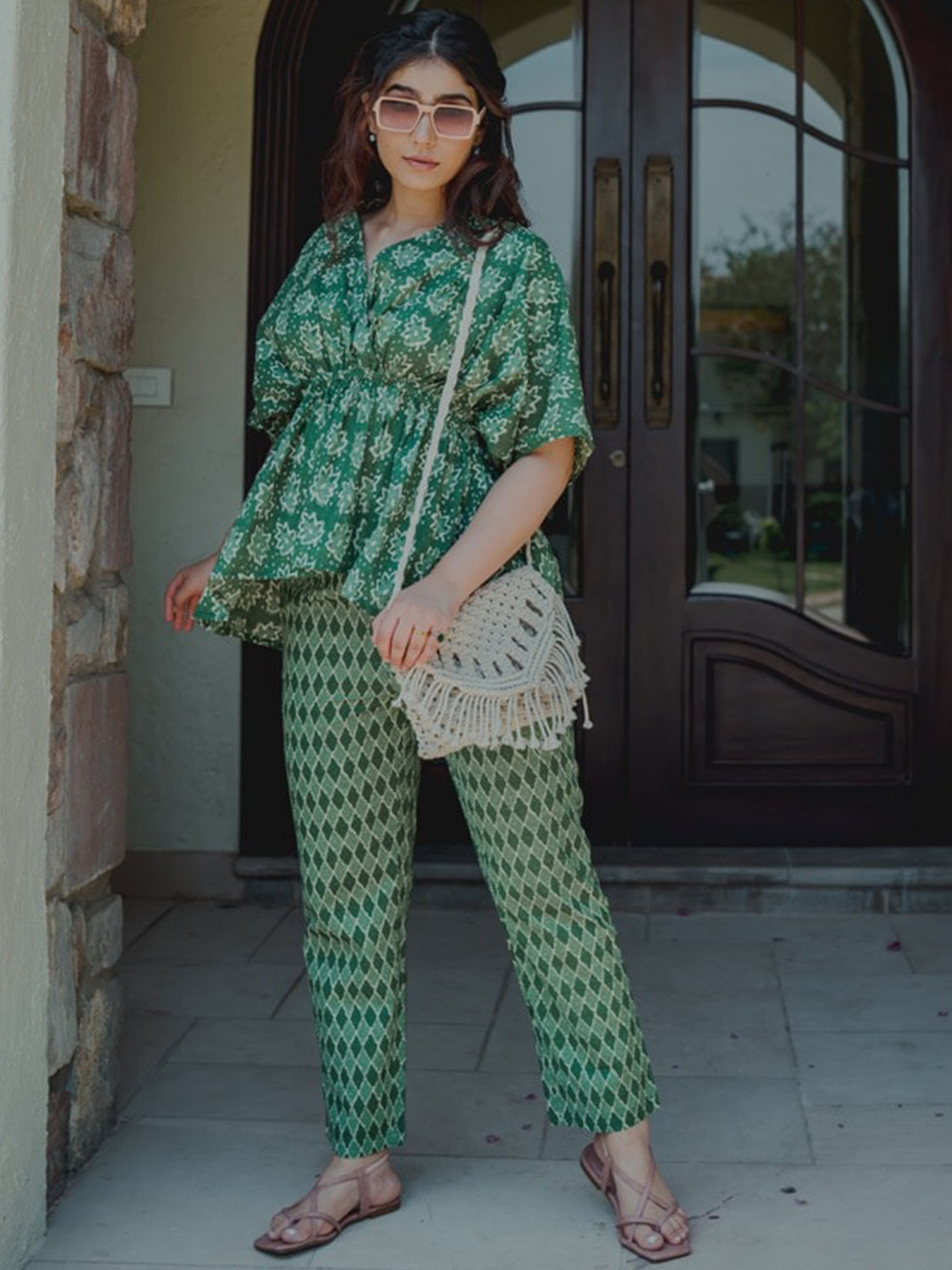 FEATHERS CLOSET Ethnic Motifs Printed Pure Cotton Top with Trousers