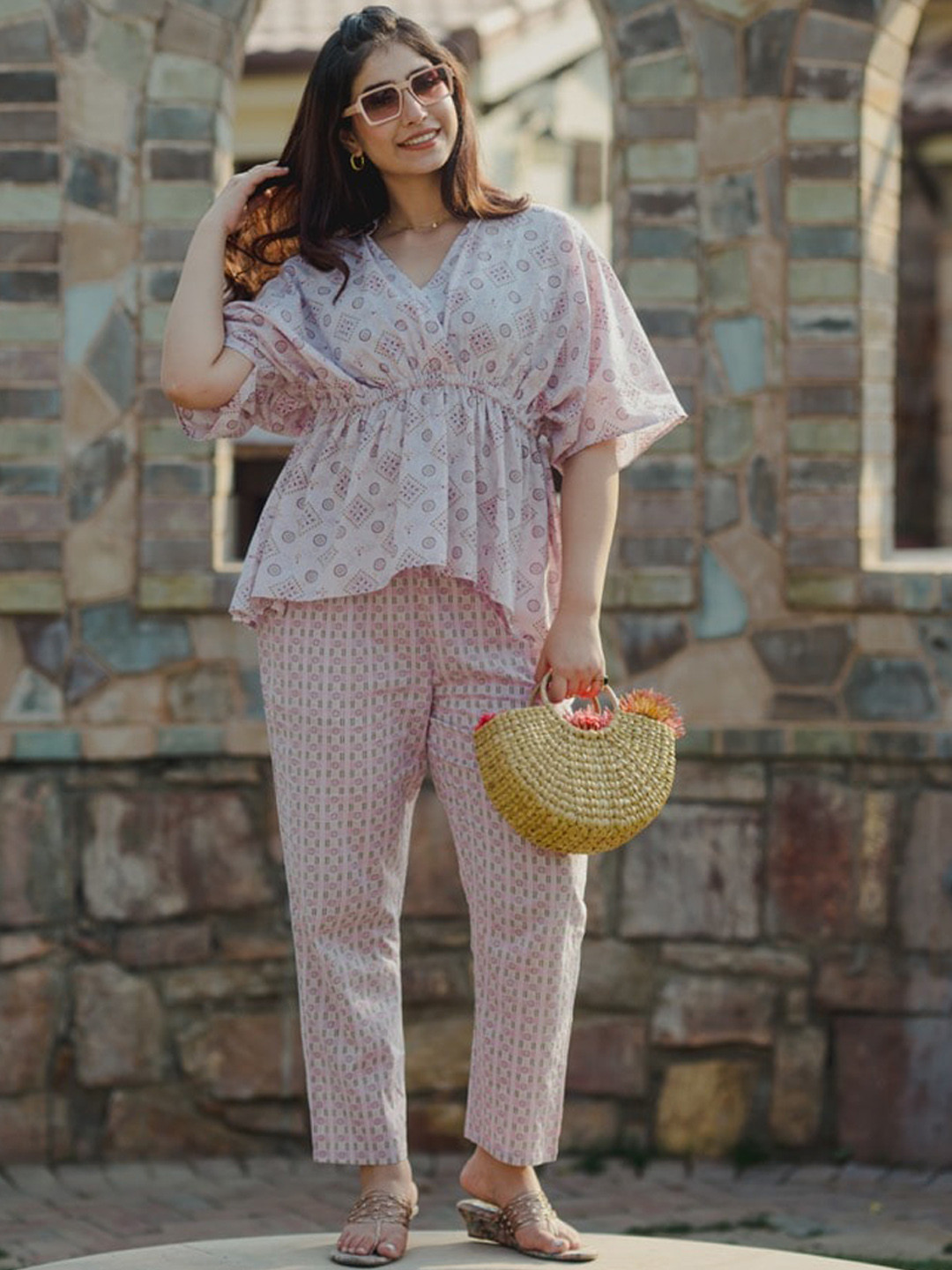 FEATHERS CLOSET Geometric Printed V-Neck Pure Cotton Kaftan Top & Palazzos