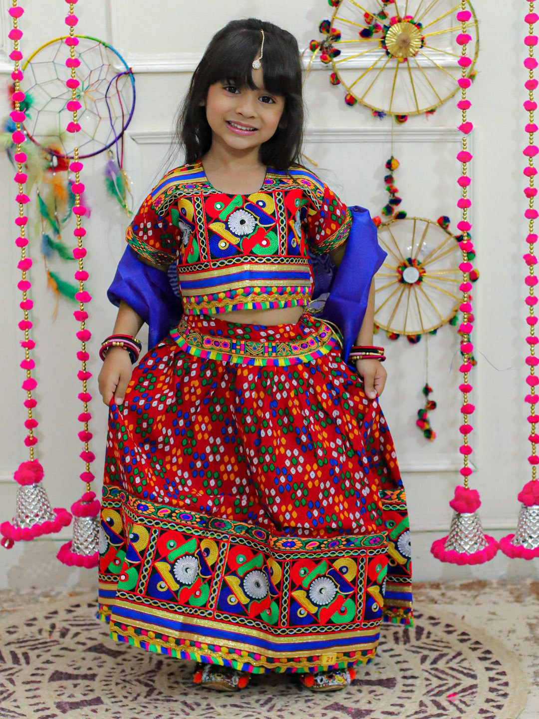 BownBee Girls Embroidered Threaded Work Cotton Ready to Wear Lehenga & Blouse With Dupatta