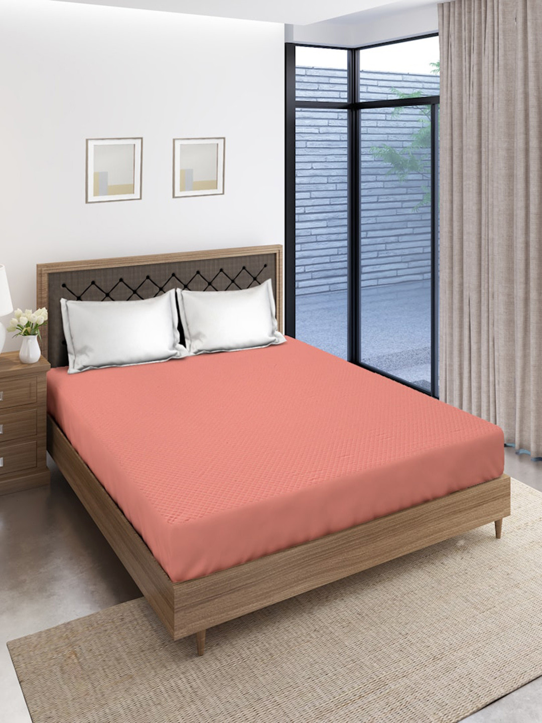 SOKNACK Peach-Coloured Quilted Fitted King Size Mattress Protector