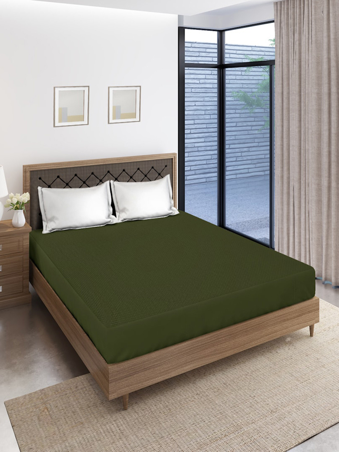 SOKNACK Olive-Green Quilted Fitted King Size Mattress Protector