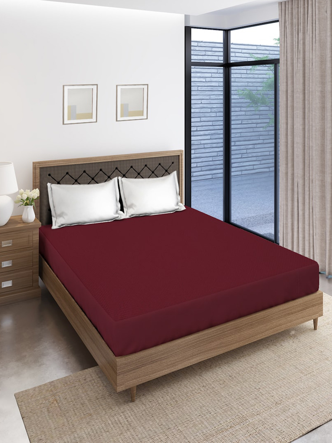 SOKNACK Maroon Quilted Fitted King Size Mattress Protector