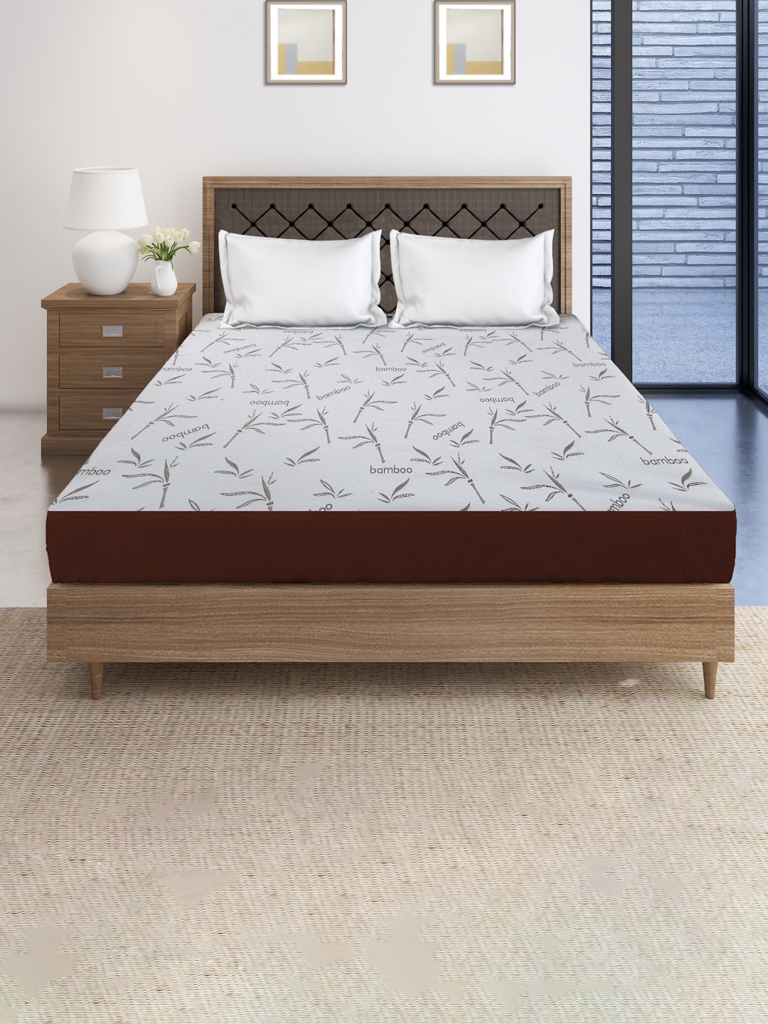 SOKNACK White & Grey Printed Quilted Fitted King Size Mattress Protector