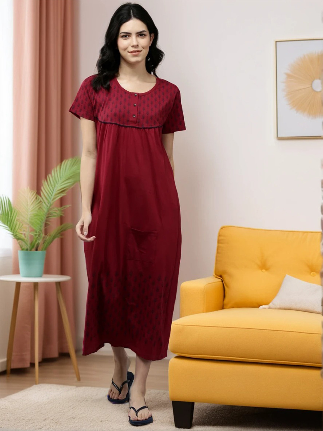 Kryptic Printed Yoke Pure Cotton Relaxed Fit Midi Nightdress