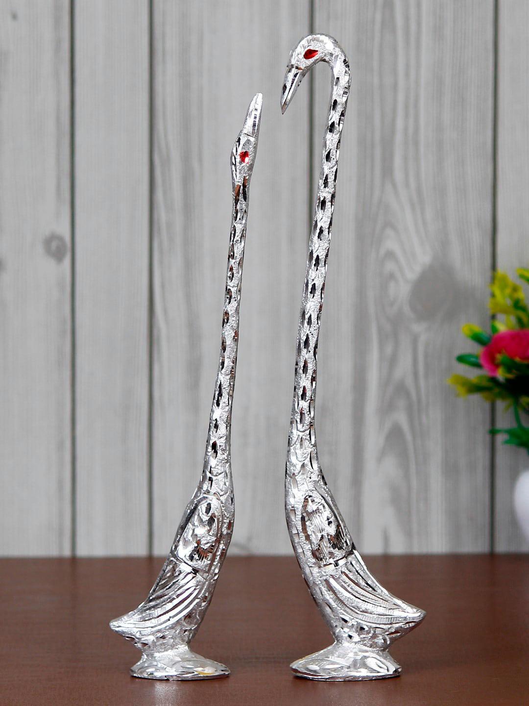 eCraftIndia Cute Love Birds Silver Metal Metallic Living Room Set of 2 Small Showpieces - 13 Inches