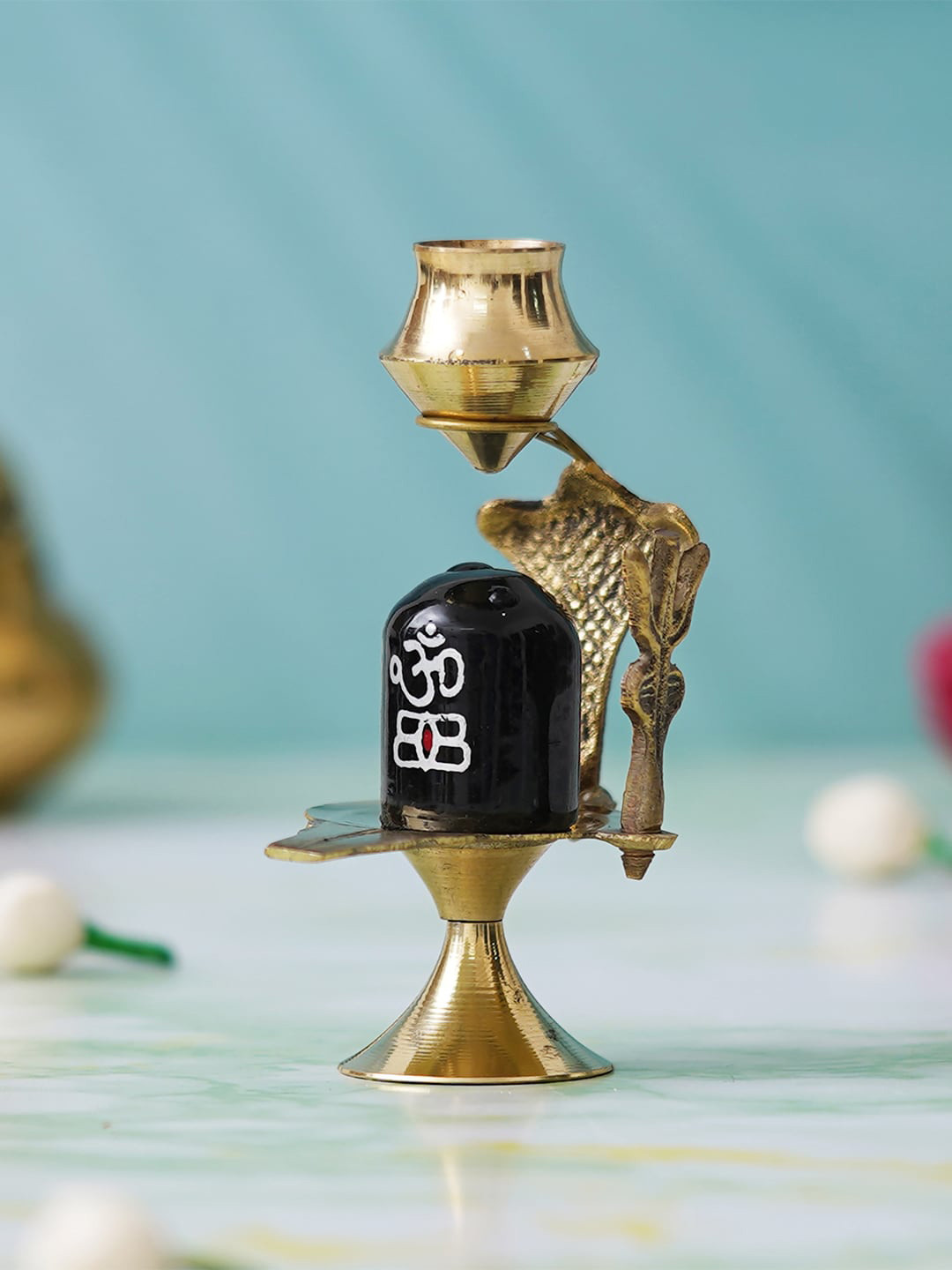 eCraftIndia Shivling and Naag Devta Gold Metal Metallic Prayer Room Set of 3 Medium Showpieces - 3.9 Inches