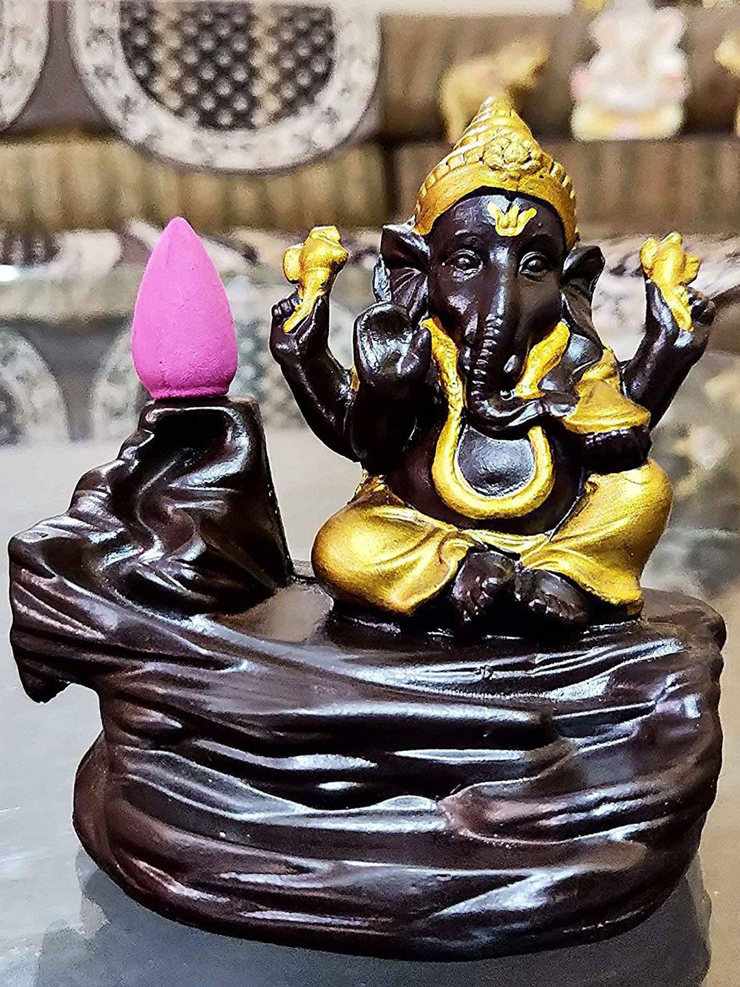 eCraftIndia Lord Ganesha with Smoke Backflow Scented Cone incenses Brown Polyresin Matte Prayer Room Small Showpiece - 4.7 Inches