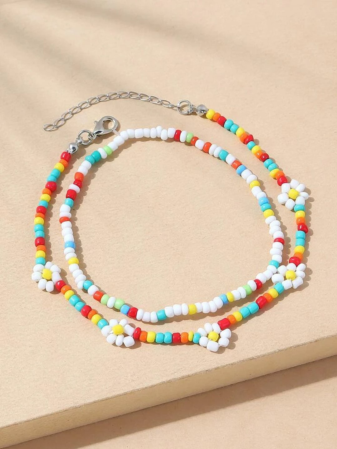 Young & Forever Silver-Plated Flower Seedbeads Beaded Anklets