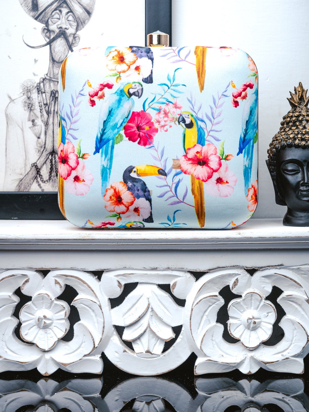 Sangria Blue Printed Box Clutch